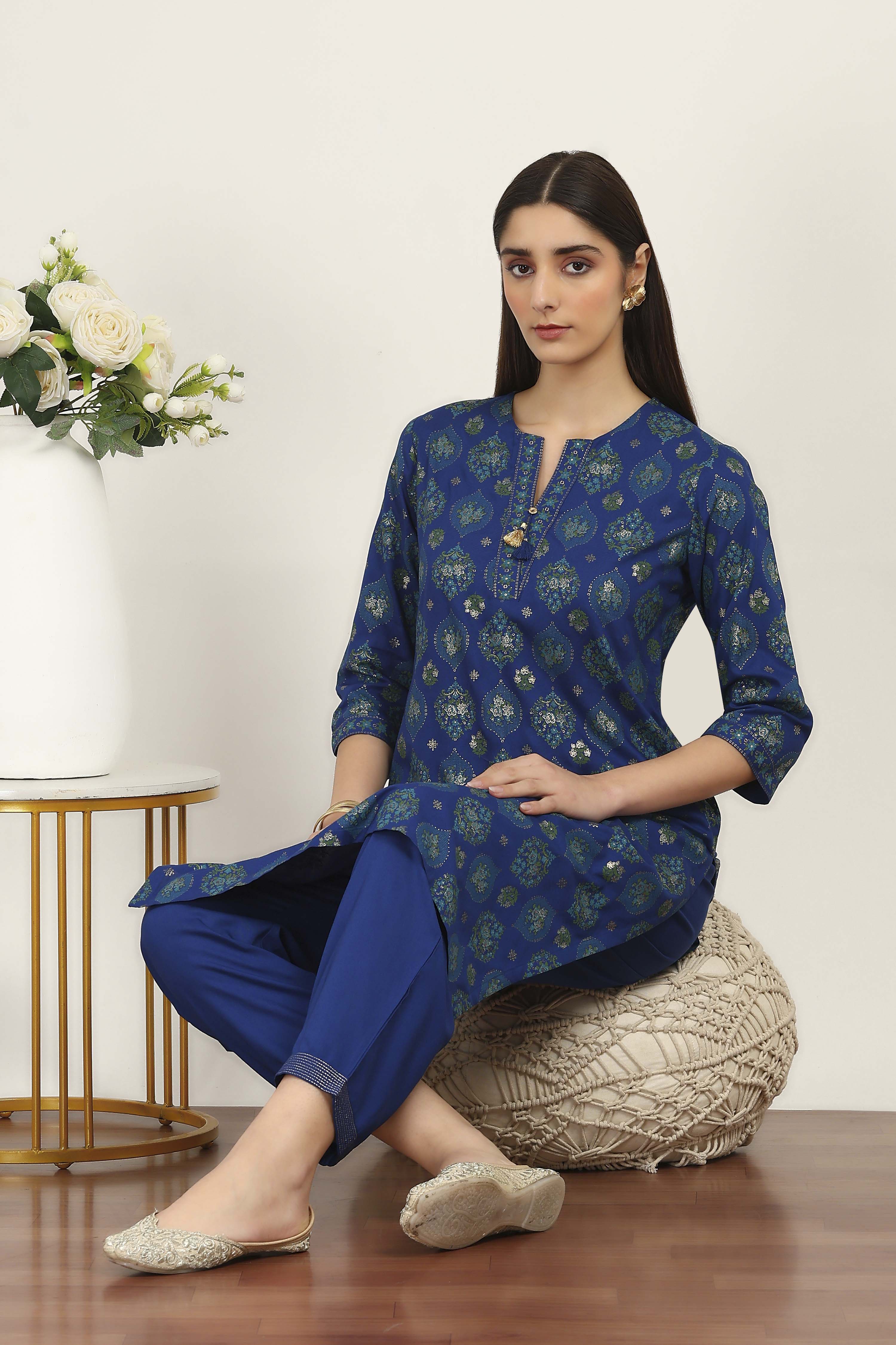 Blue Rayon Viscose Rayon Kurta Pants Set image number 0