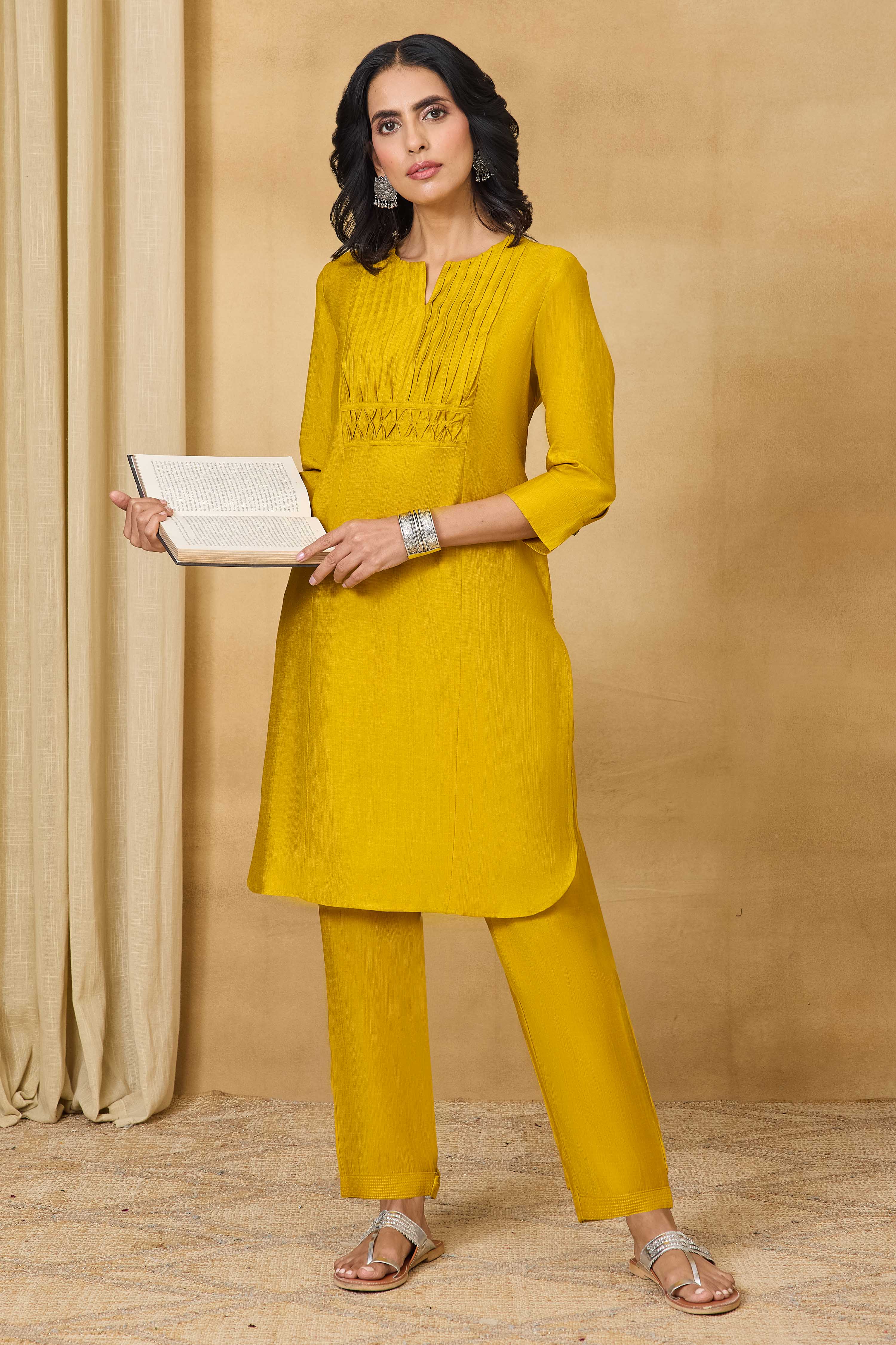 Yellow Viscose Blend A-Line Solid Suit Set image number 0