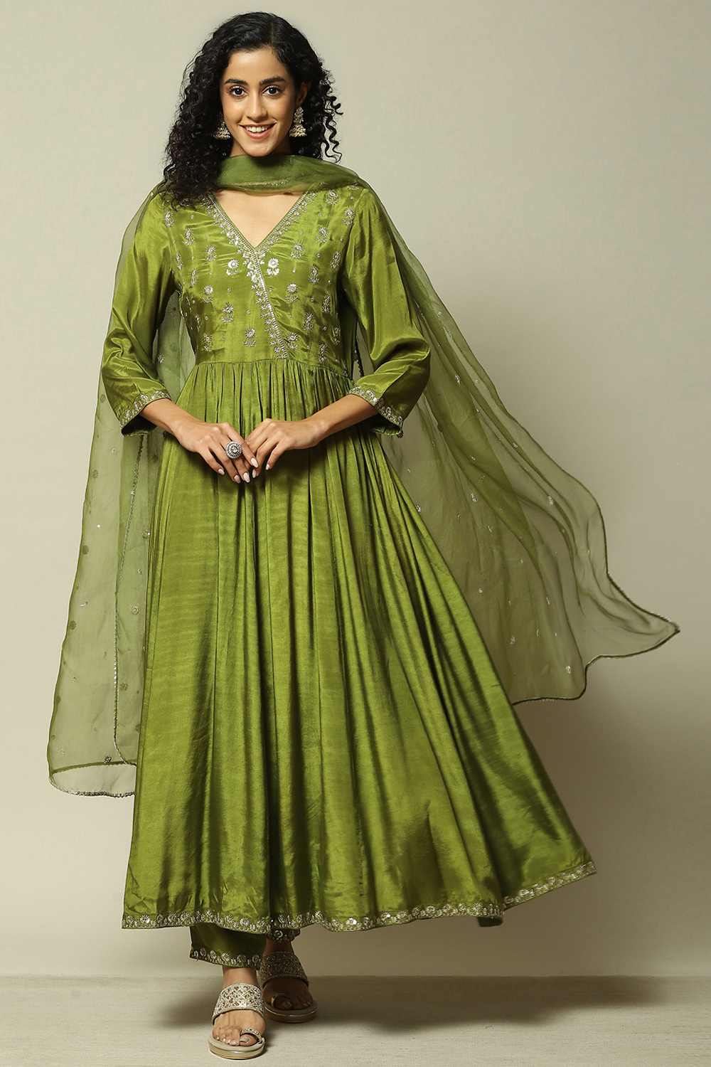 Green LIVA Kalidar Solid Kurta Palazzo Suit Set image number 7