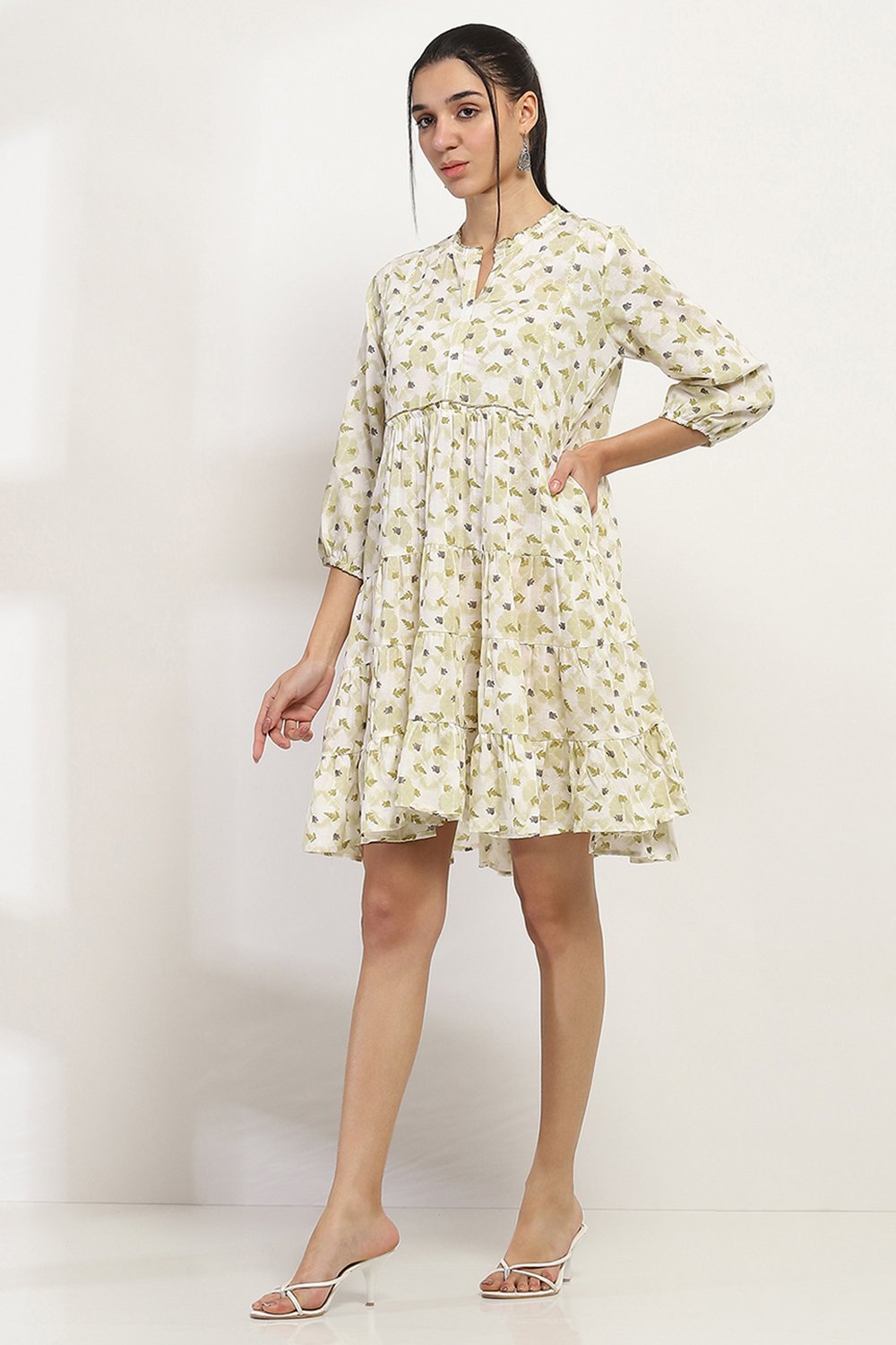 Olive Viscose Rayon Tiered Dress image number 2