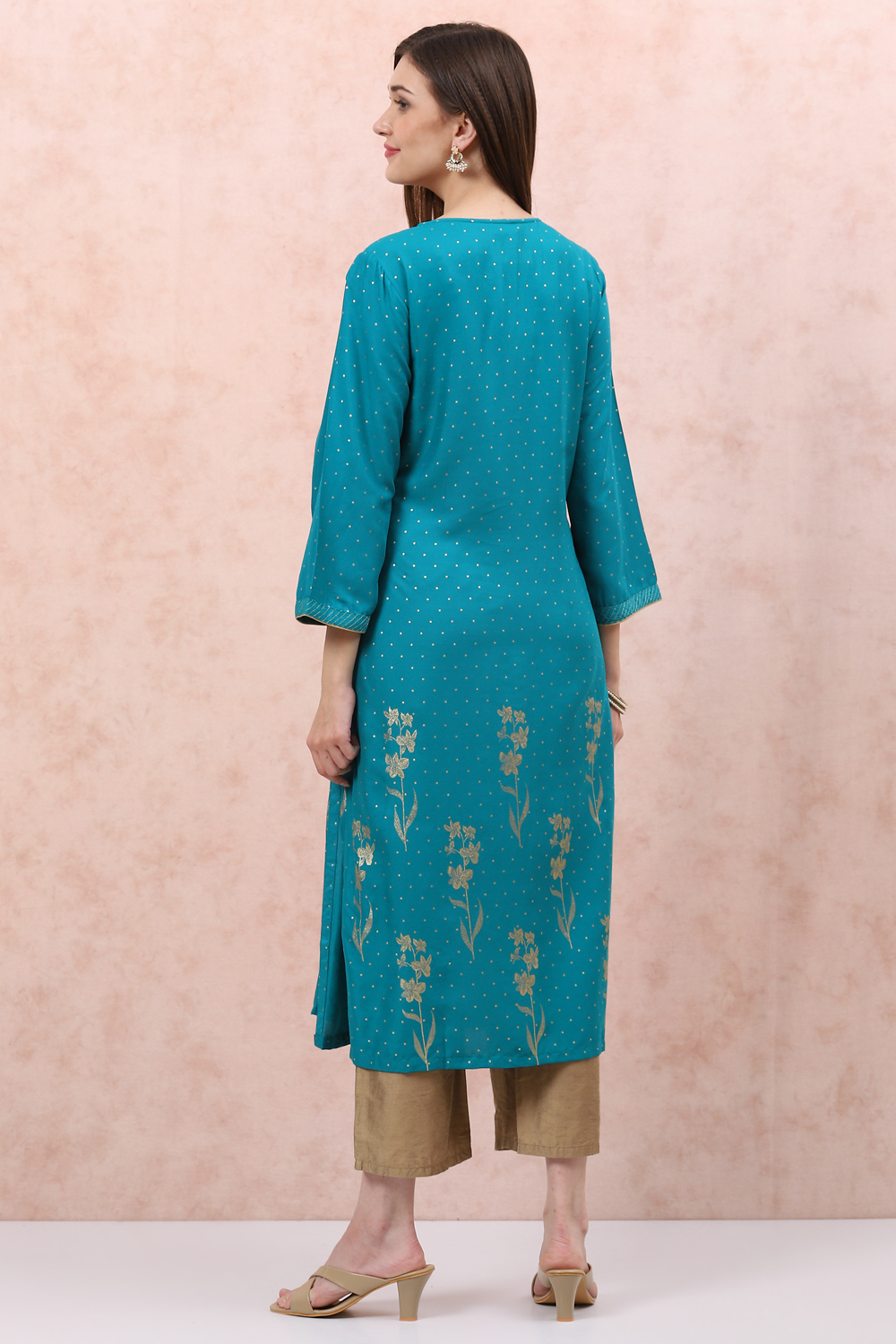 Turquoise LIVA Straight Kurta image number 4