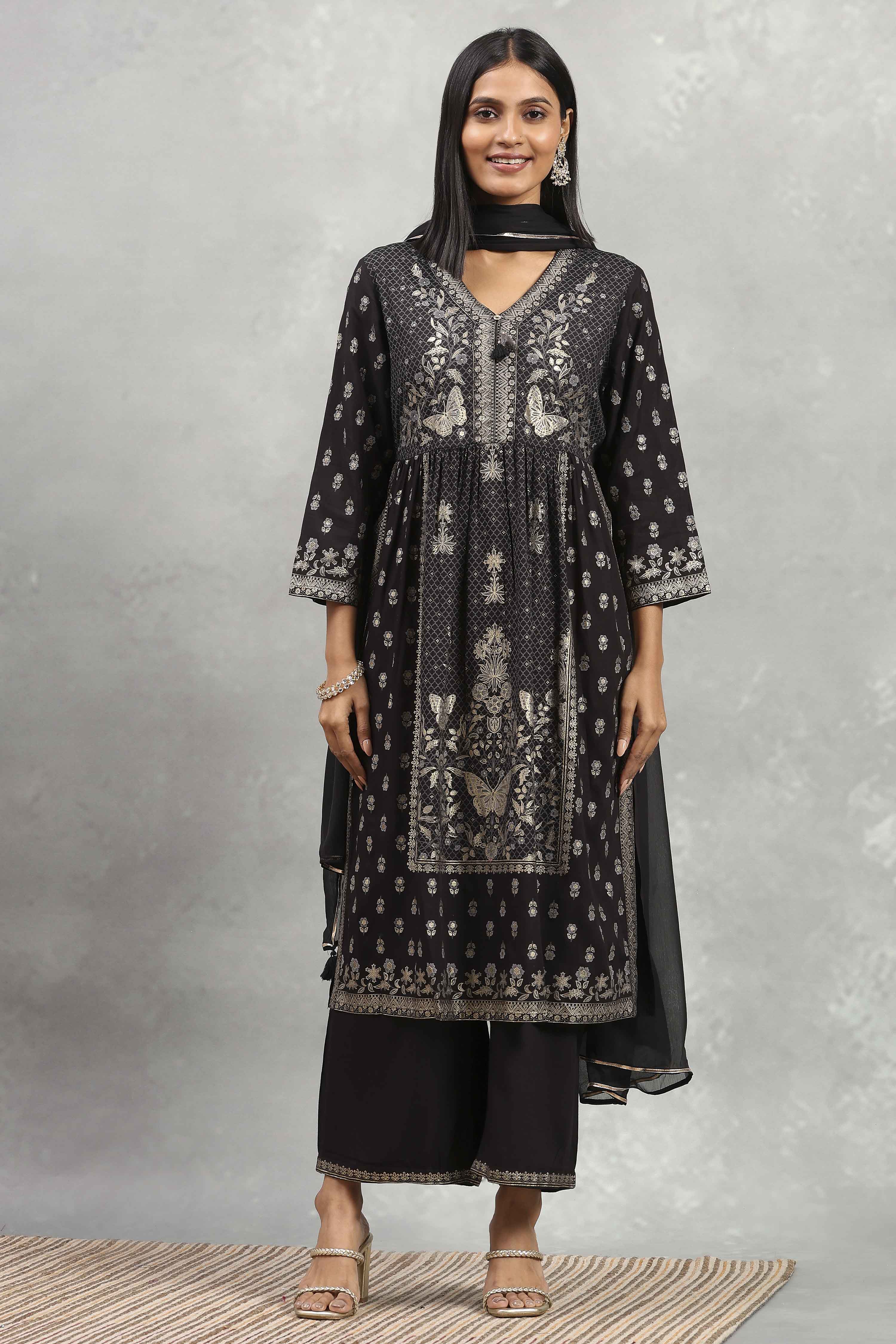Black Viscose Blend Printed Gathered Suit Set image number 0