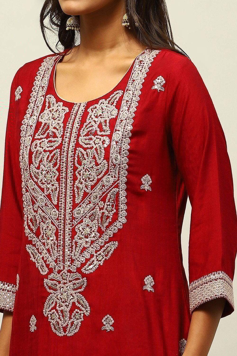 Maroon Viscose Blend Straight Embroidered Kurta Palazzo Suit Set image number 1
