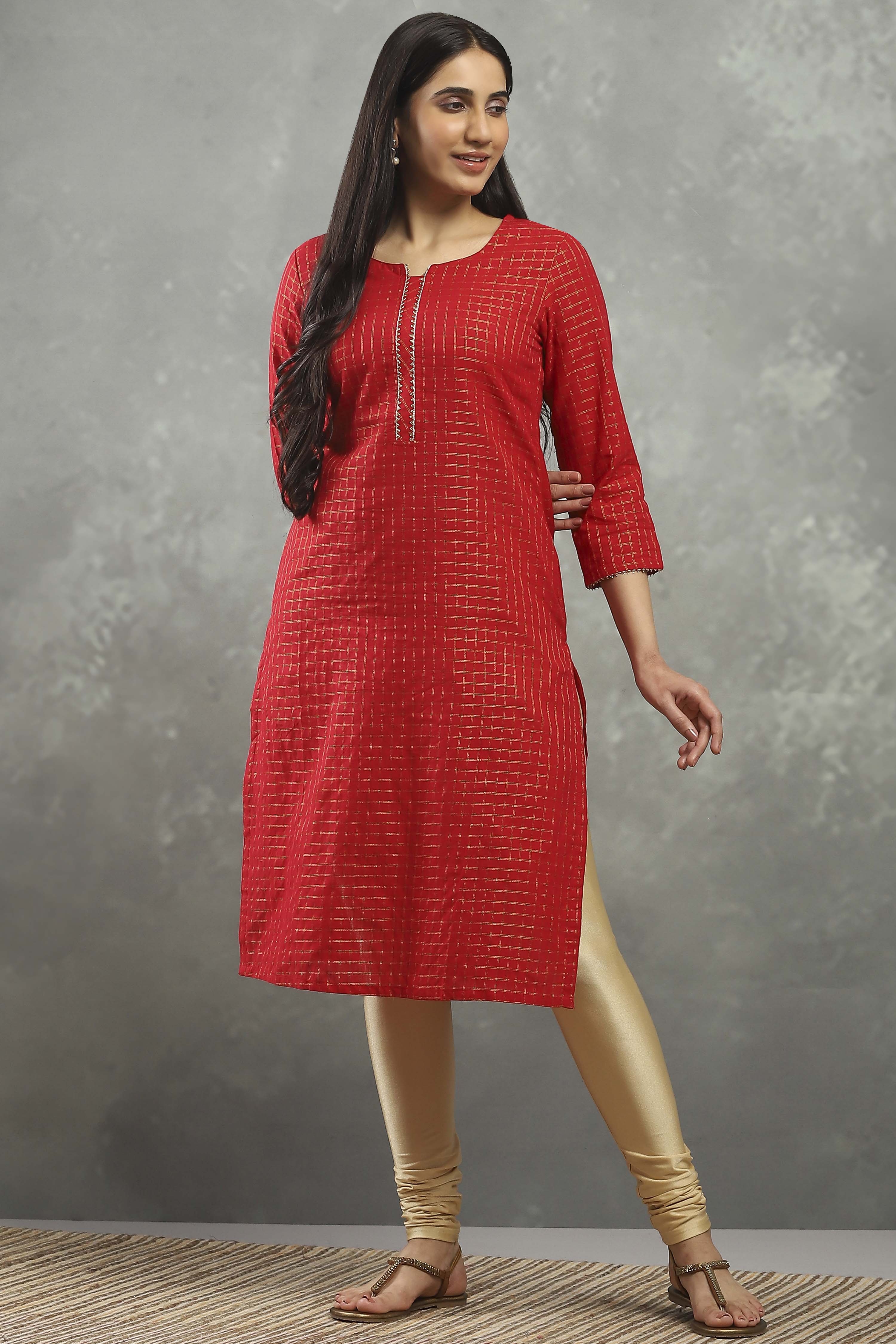 Red Viscose Straight Kurta Pants Set image number 6