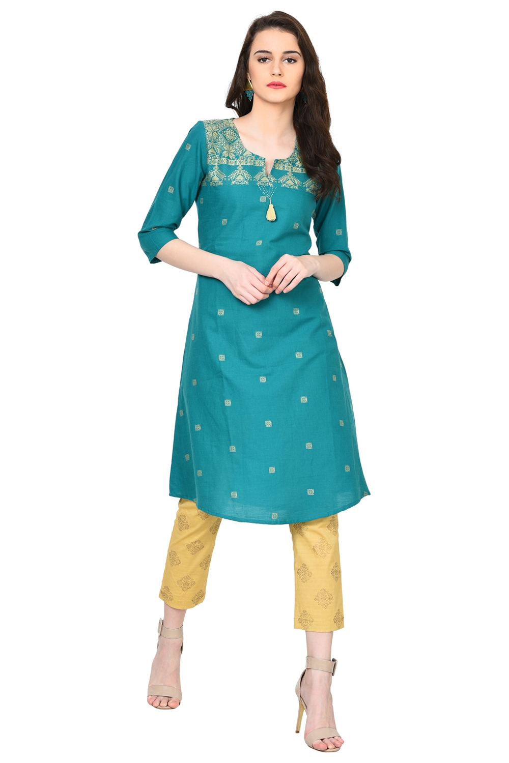 Green A-Line Poly Cotton Kurta image number 0