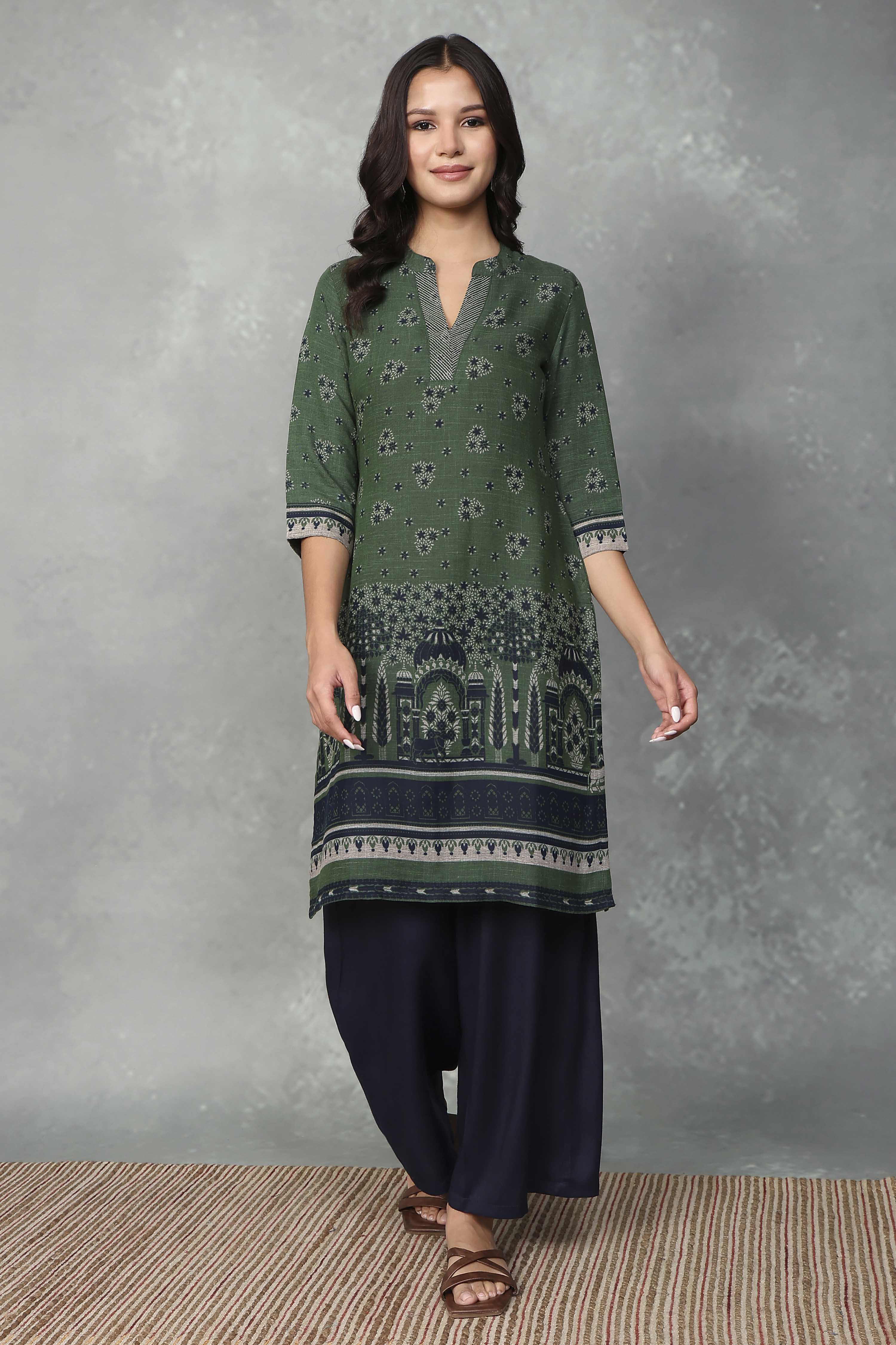 Green Viscose Polyester Viscose Rayon Kurta Pants Set image number 0
