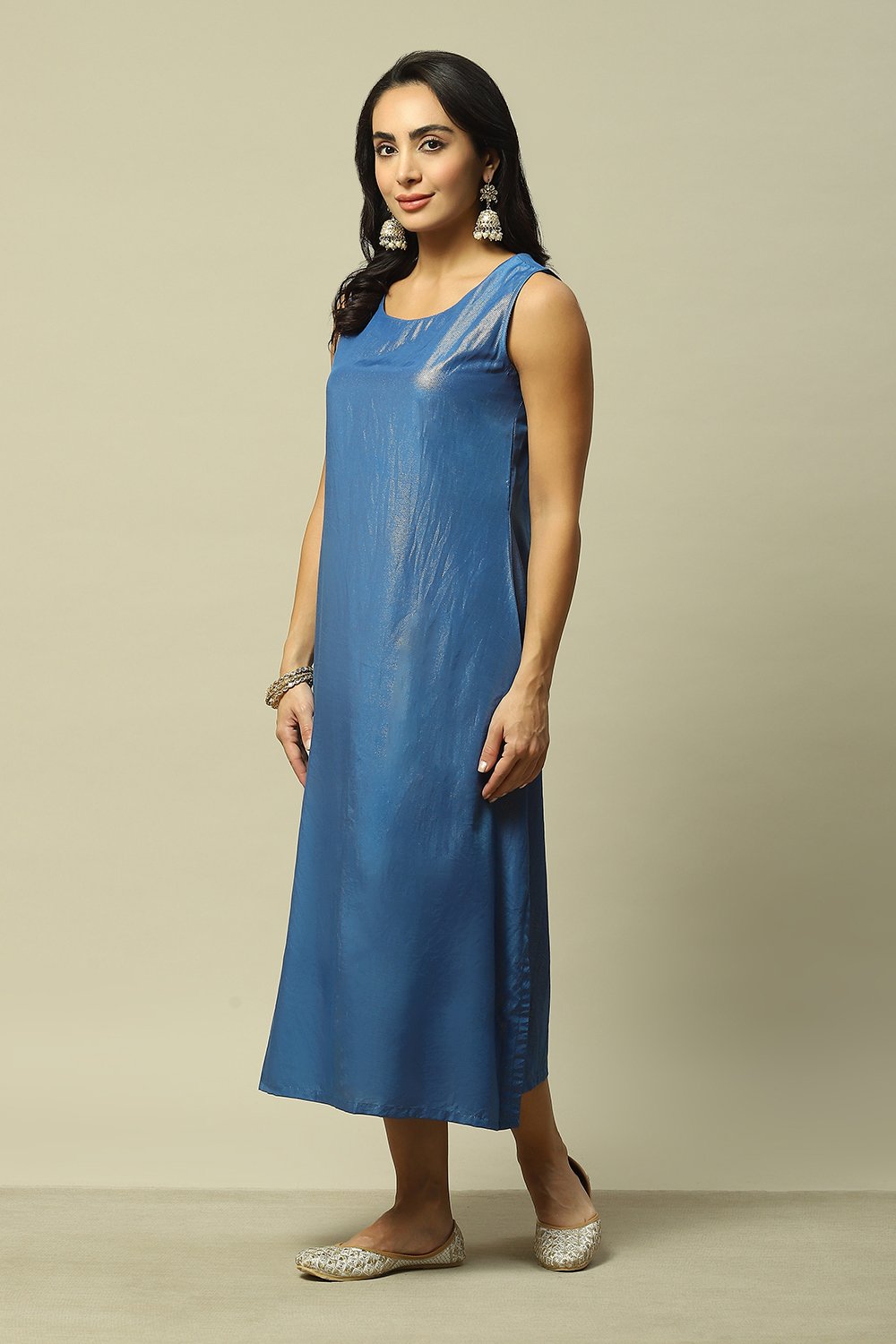 Blue Viscose Asymmetric Printed Dress image number 6