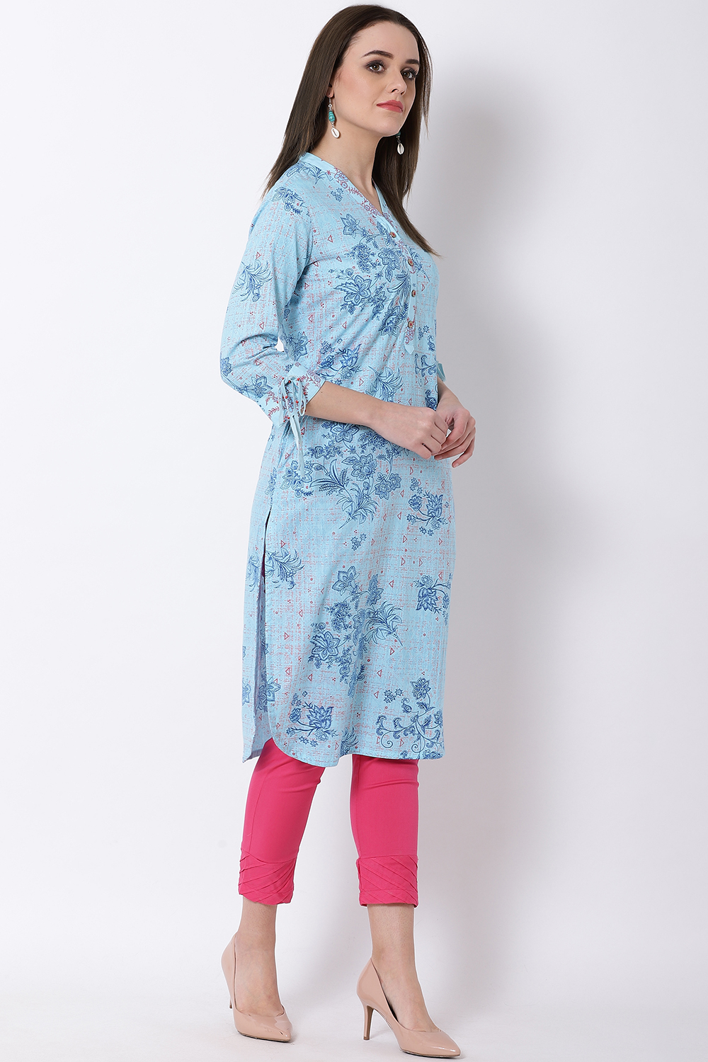 Sky Blue Cotton Straight Kurta image number 3