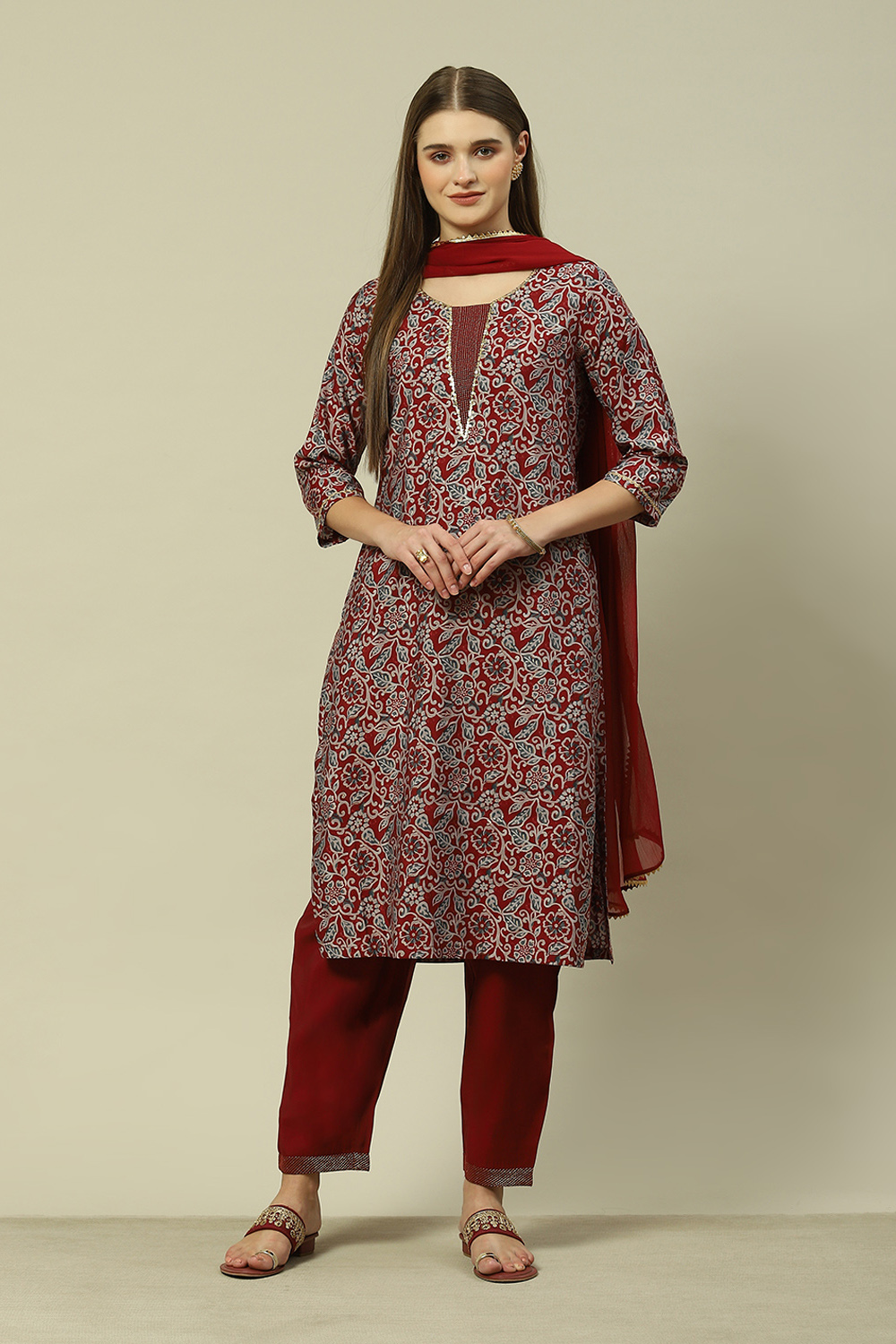 Navy Blue LIVA Straight Printed Kurta Palazzo Suit Set image number 0