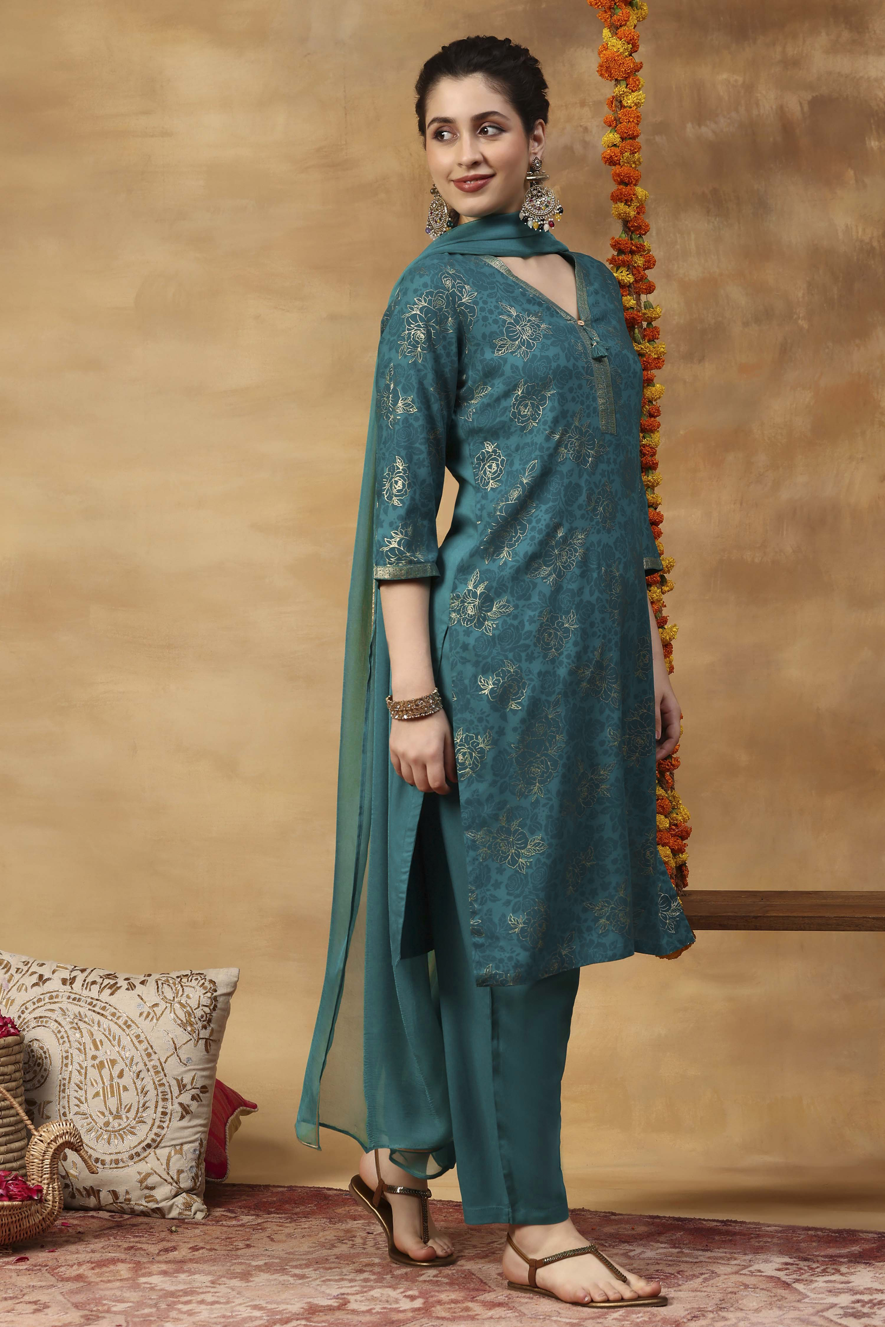Aqua Printed Viscose Rayon Straight Kurta Set image number 4