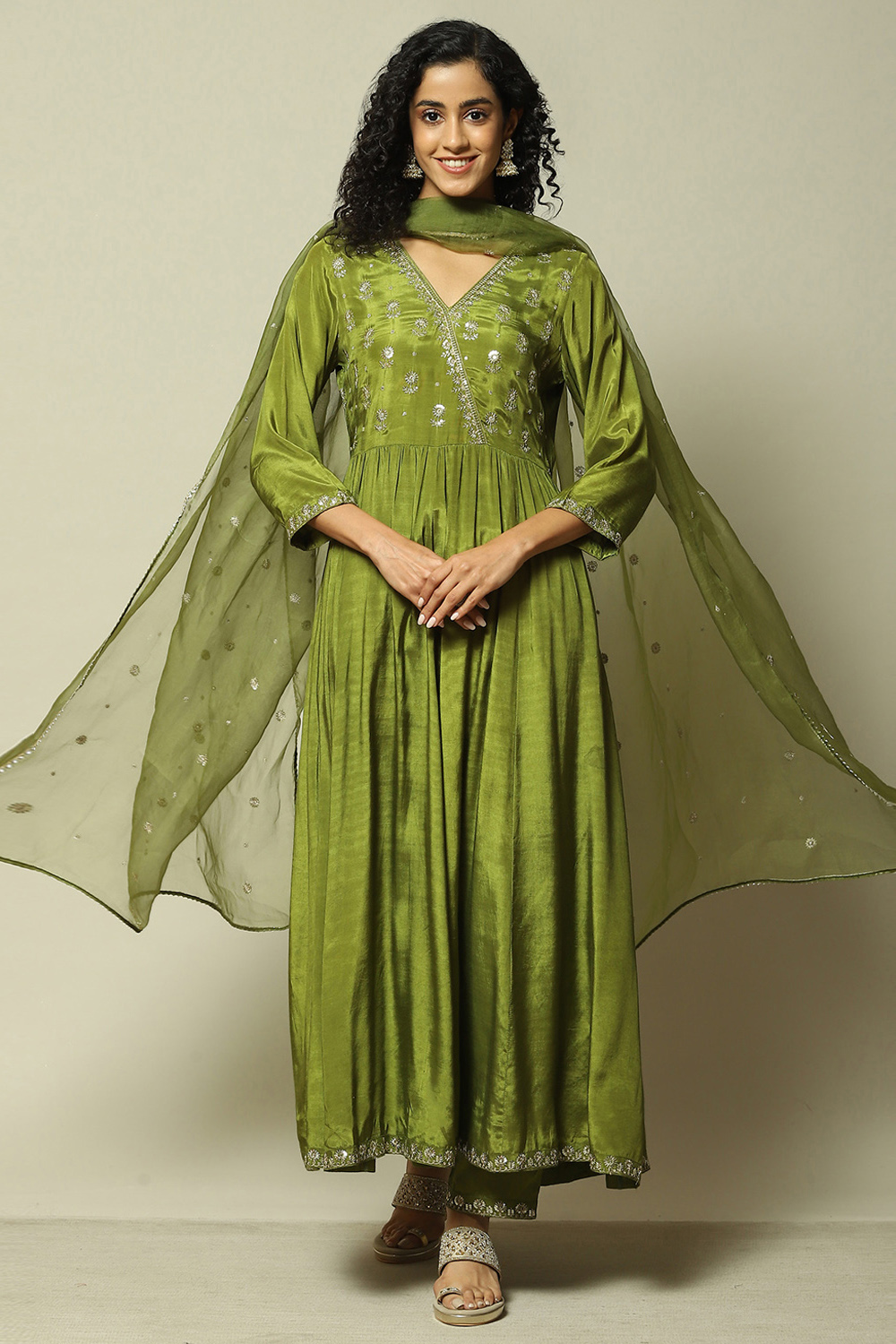 Green LIVA Kalidar Solid Kurta Palazzo Suit Set image number 0