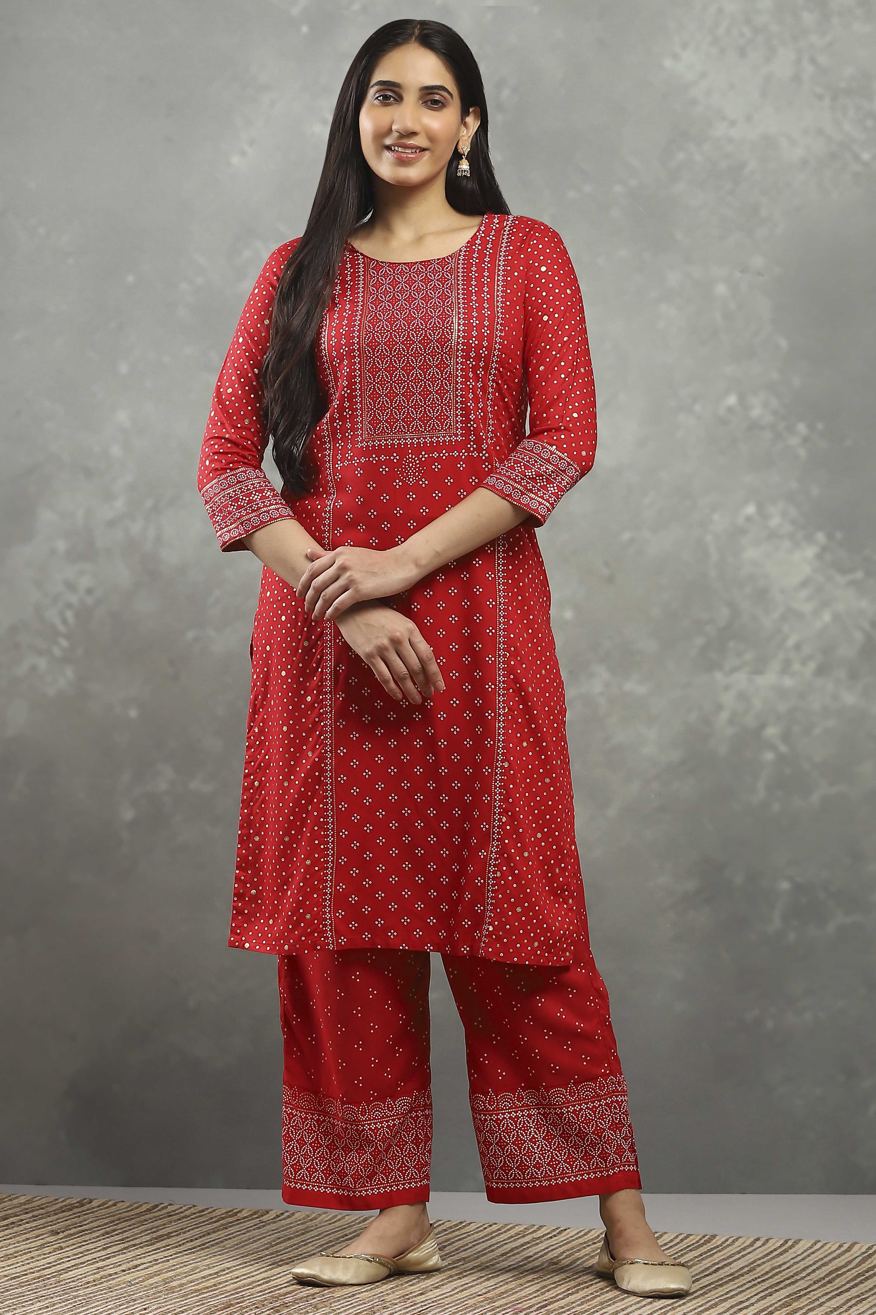 Red Viscose Flared Kurta Pants Set image number 6