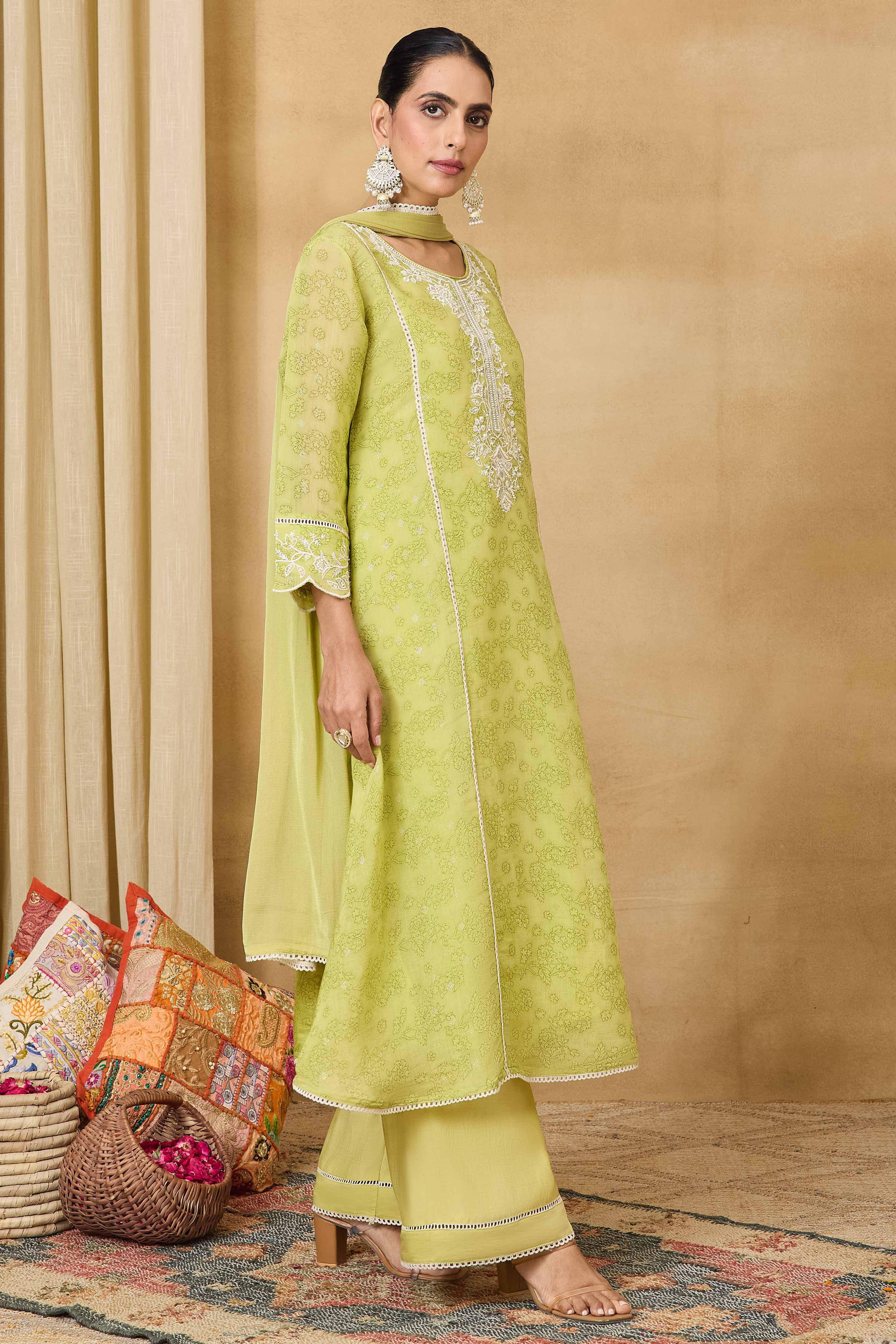 Light Green Polyester A-Line Printed Suit Set image number 6