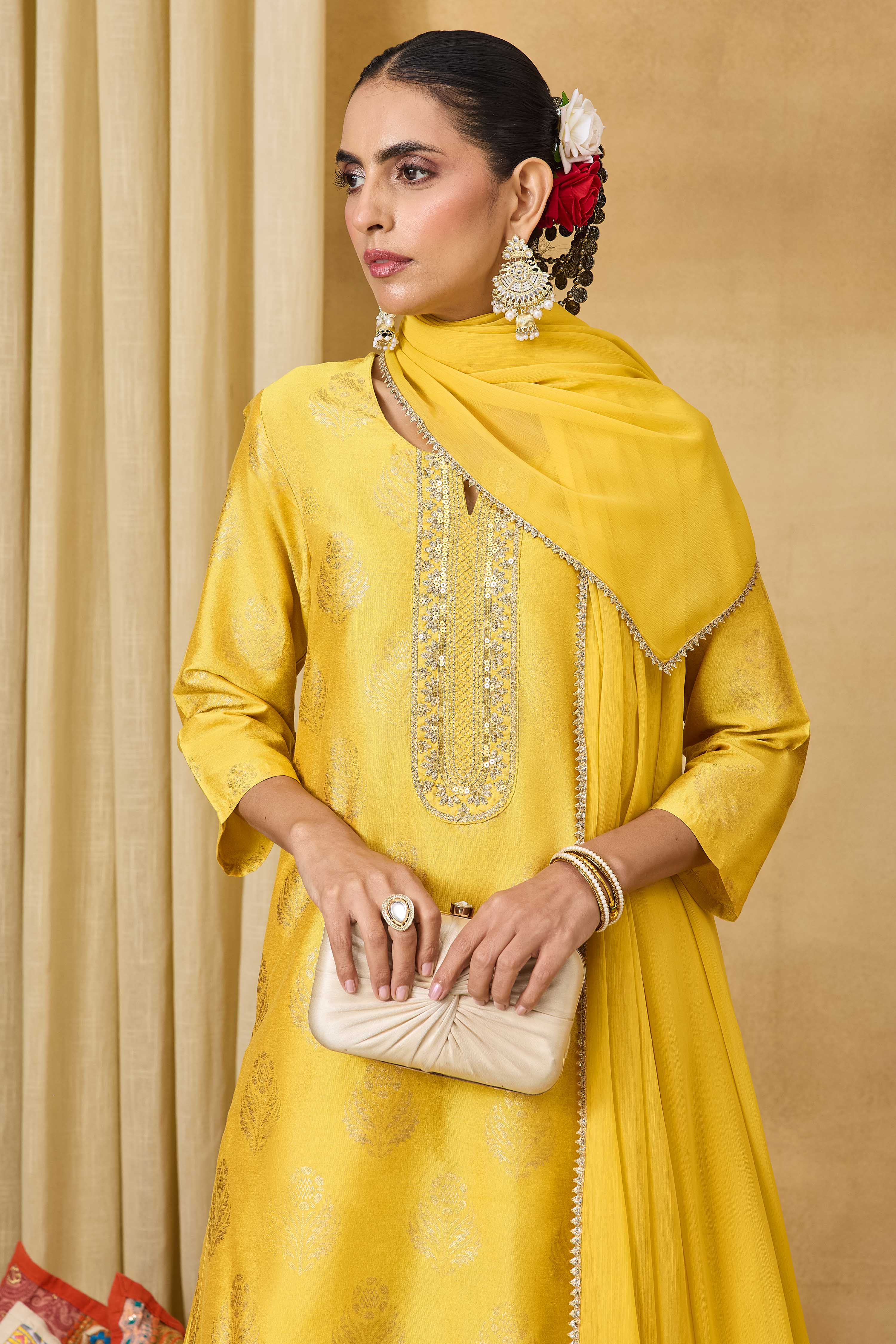 Off White Viscose Blend Straight Printed Suit Set image number 8