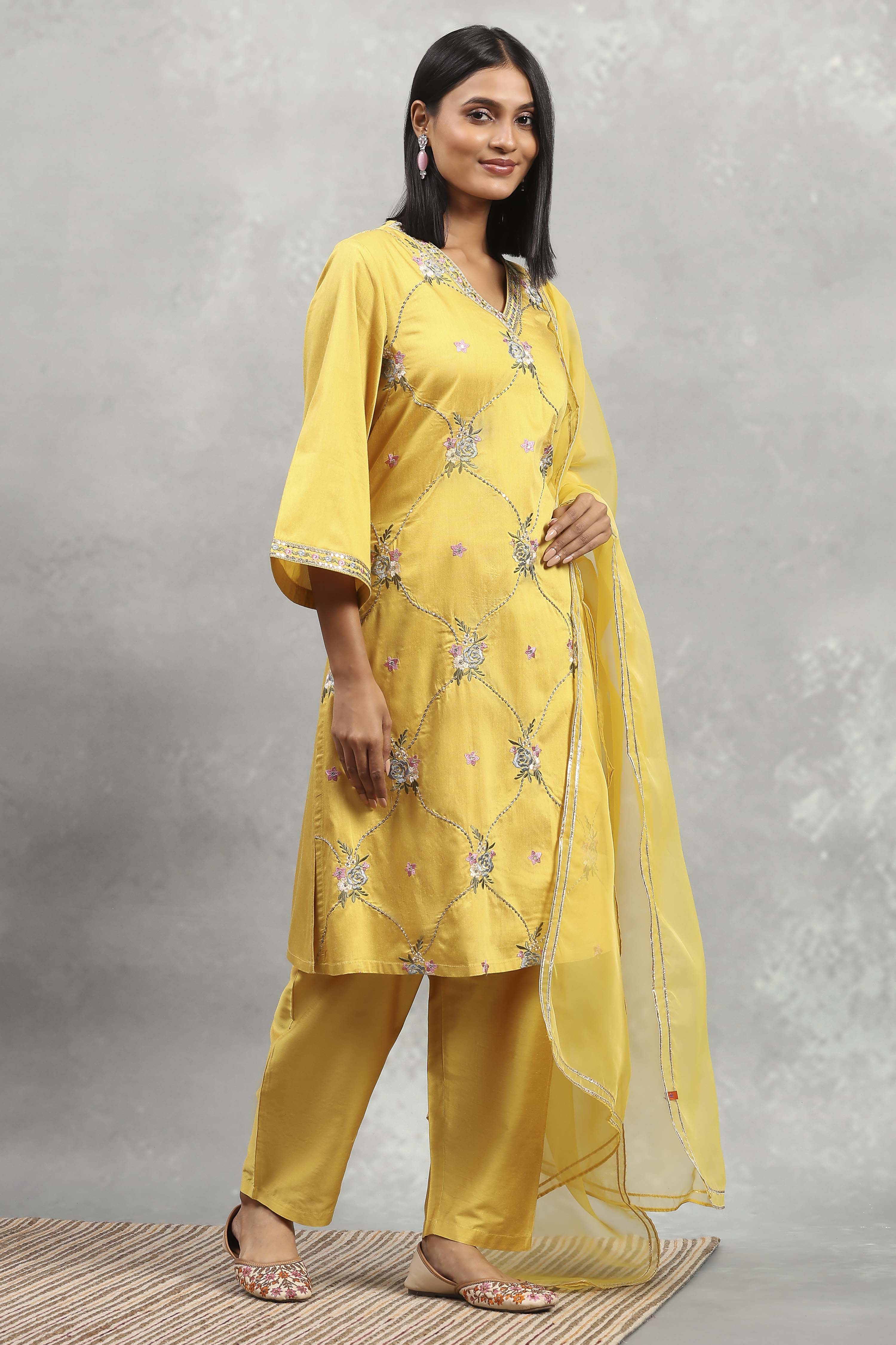 Yellow Viscose Blend Embroidered Straight Suit Set image number 5