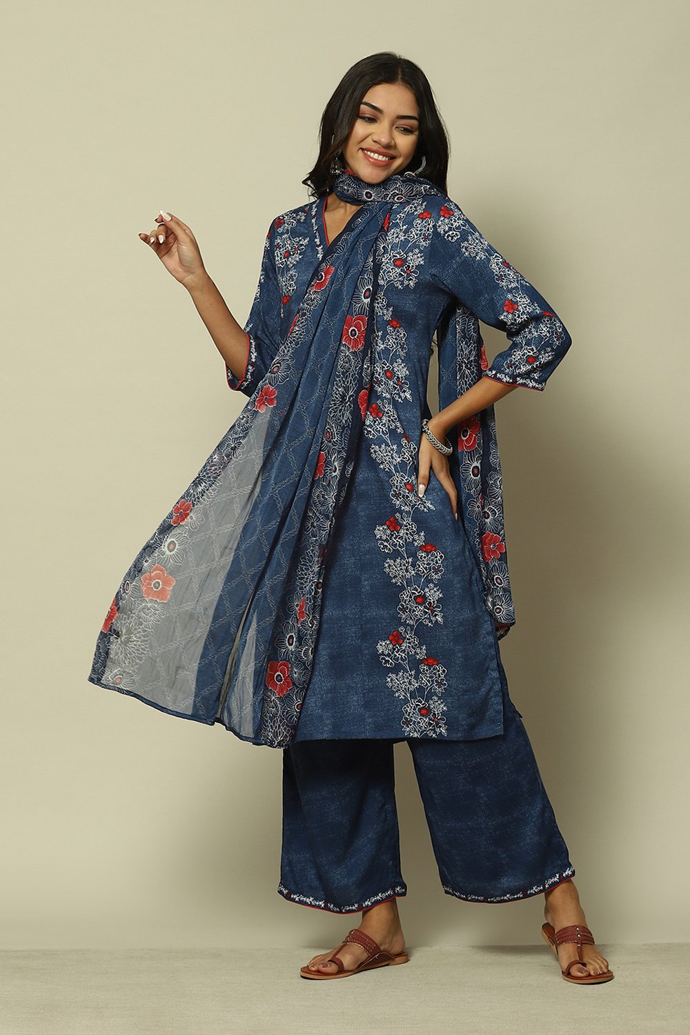 Indigo Blue LIVA Straight Printed Kurta Palazzo Suit Set image number 6