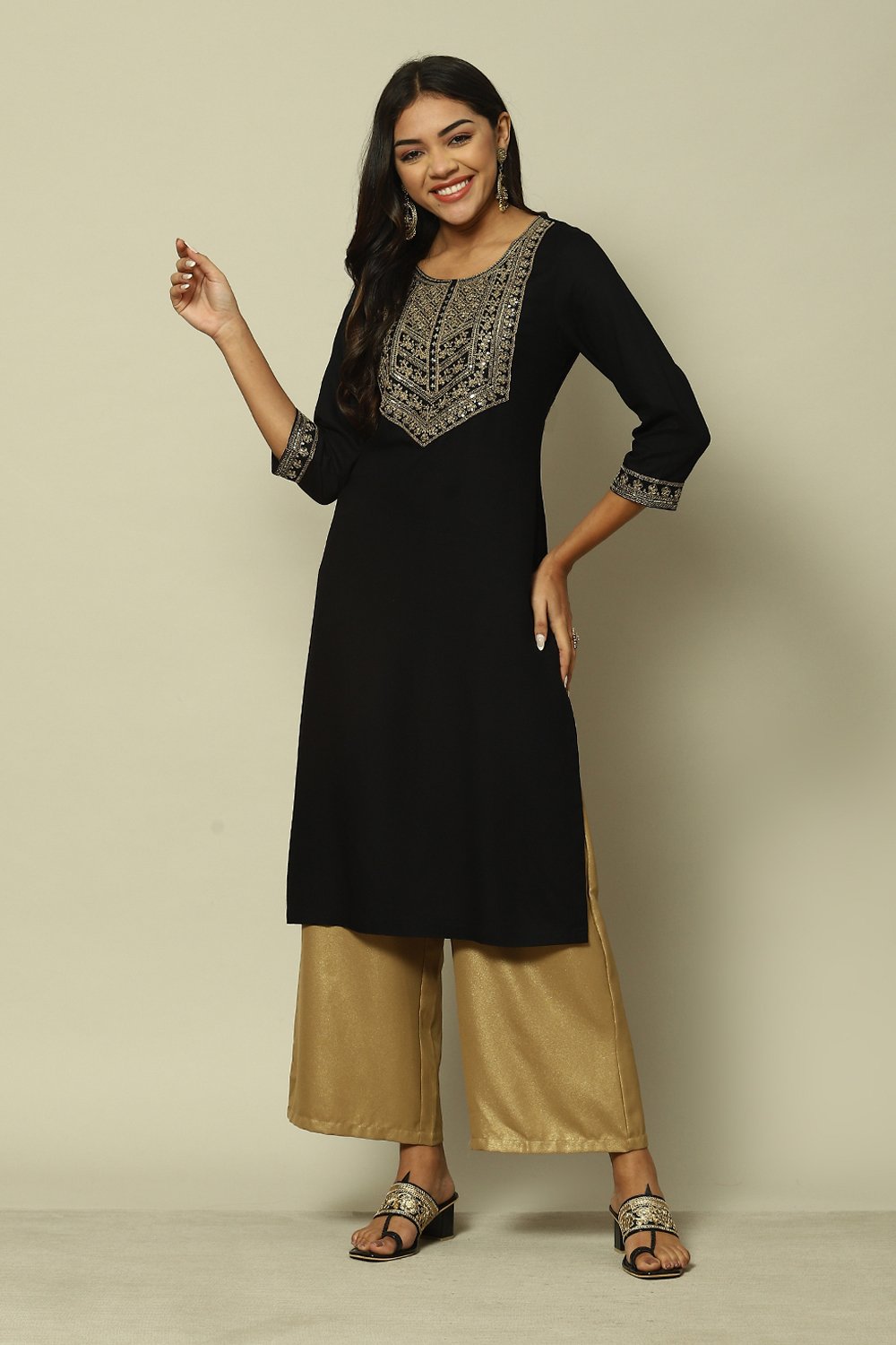 Black LIVA Straight Printed Kurta image number 0