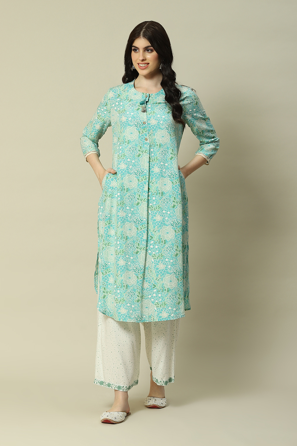 Mint Green Viscose Straight Printed Kurta image number 5