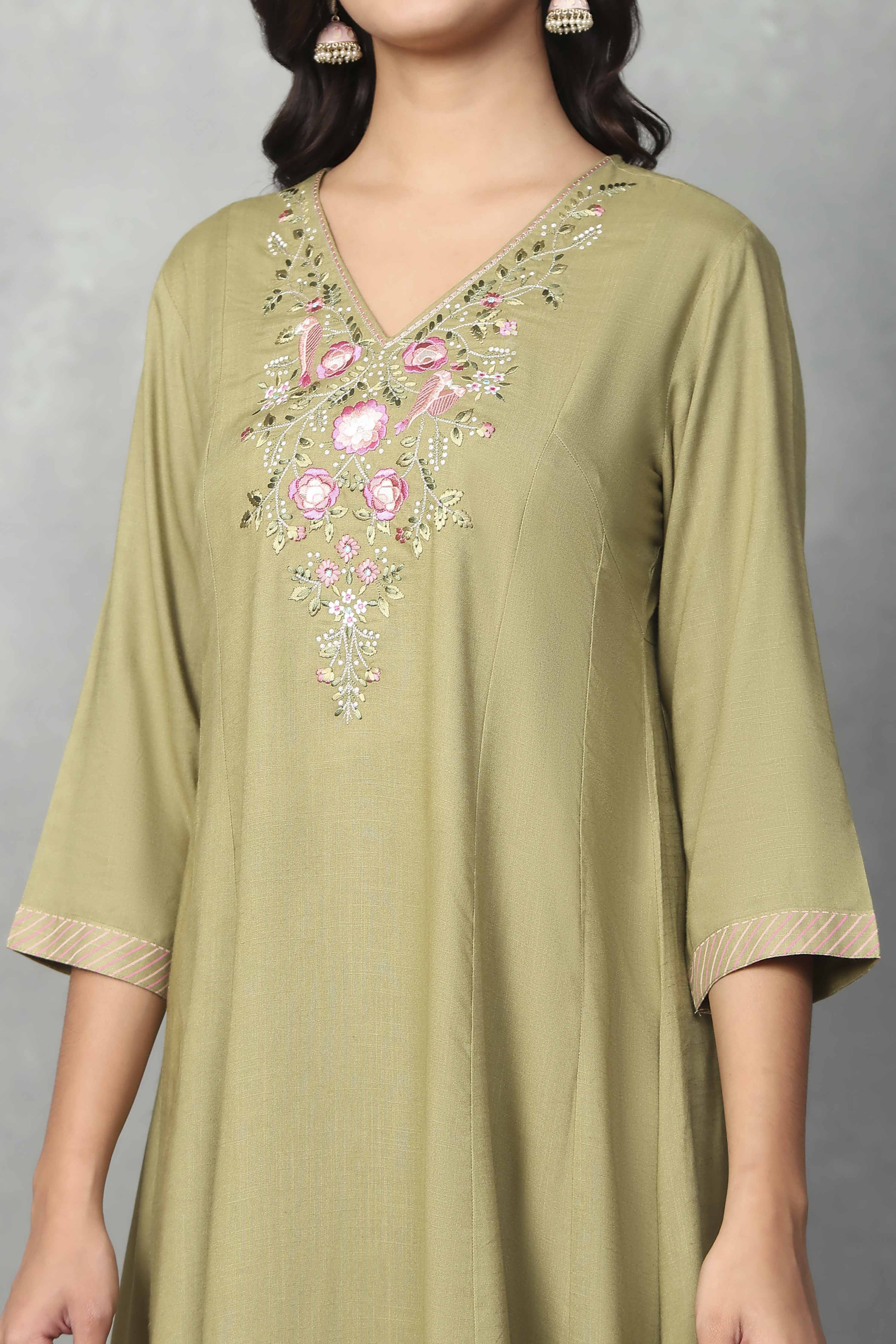 Sage Green Embroidered Kalidar Suit Set image number 1