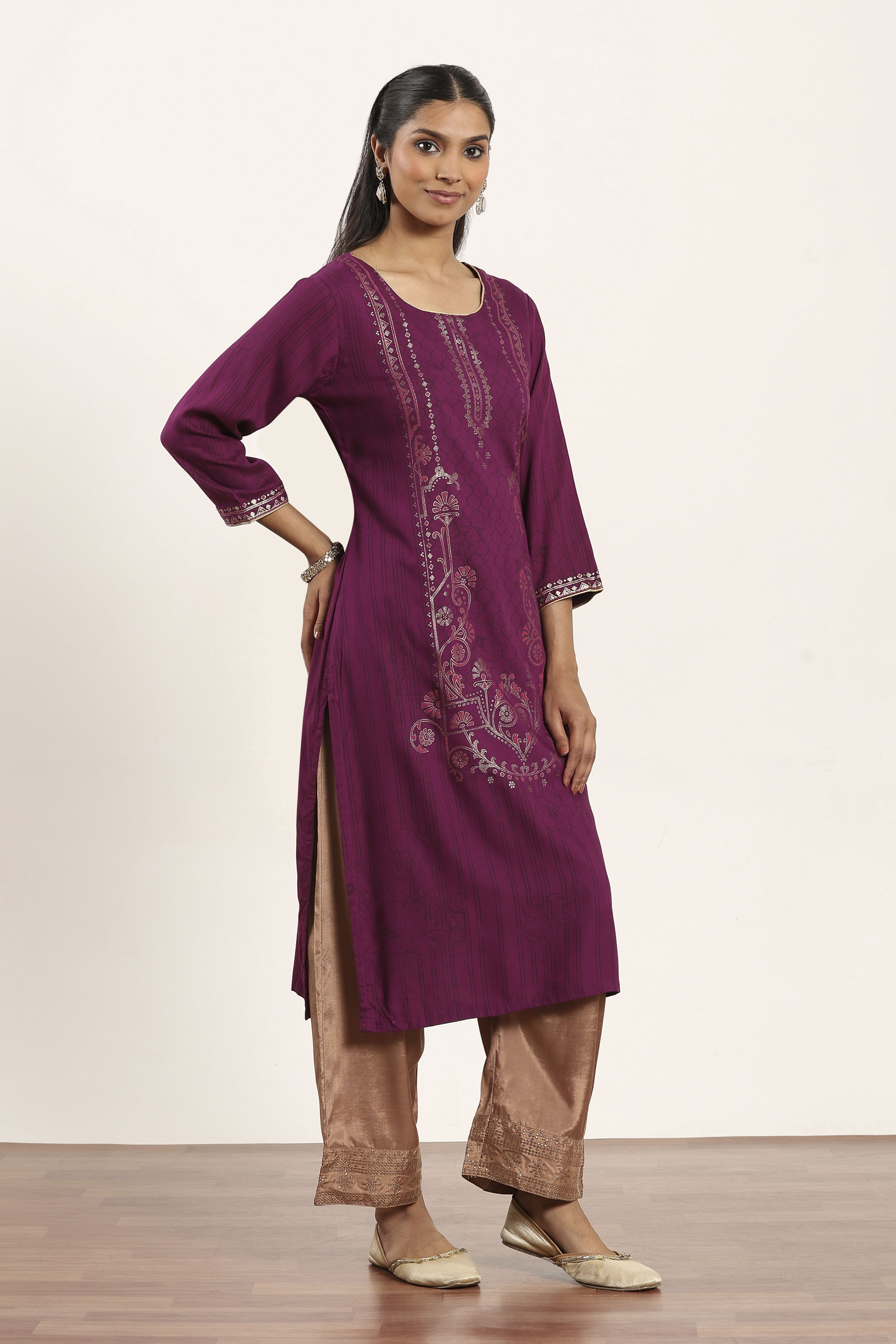 Purple Viscose Rayon Straight Kurta Pants Set image number 5