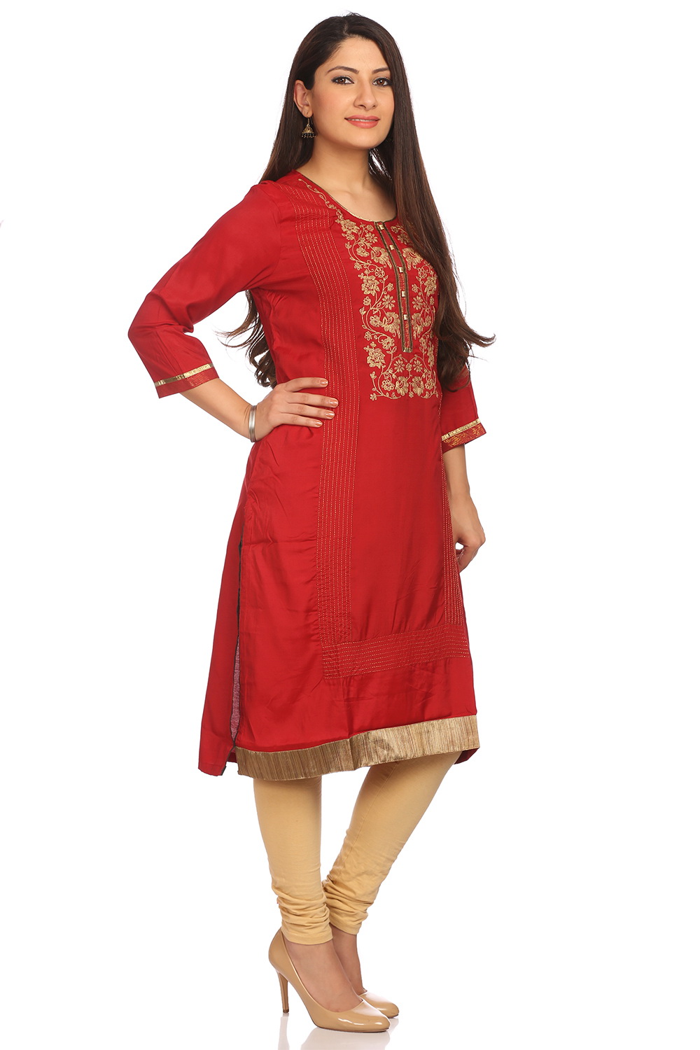 Red Cotton Straight Kurta image number 1