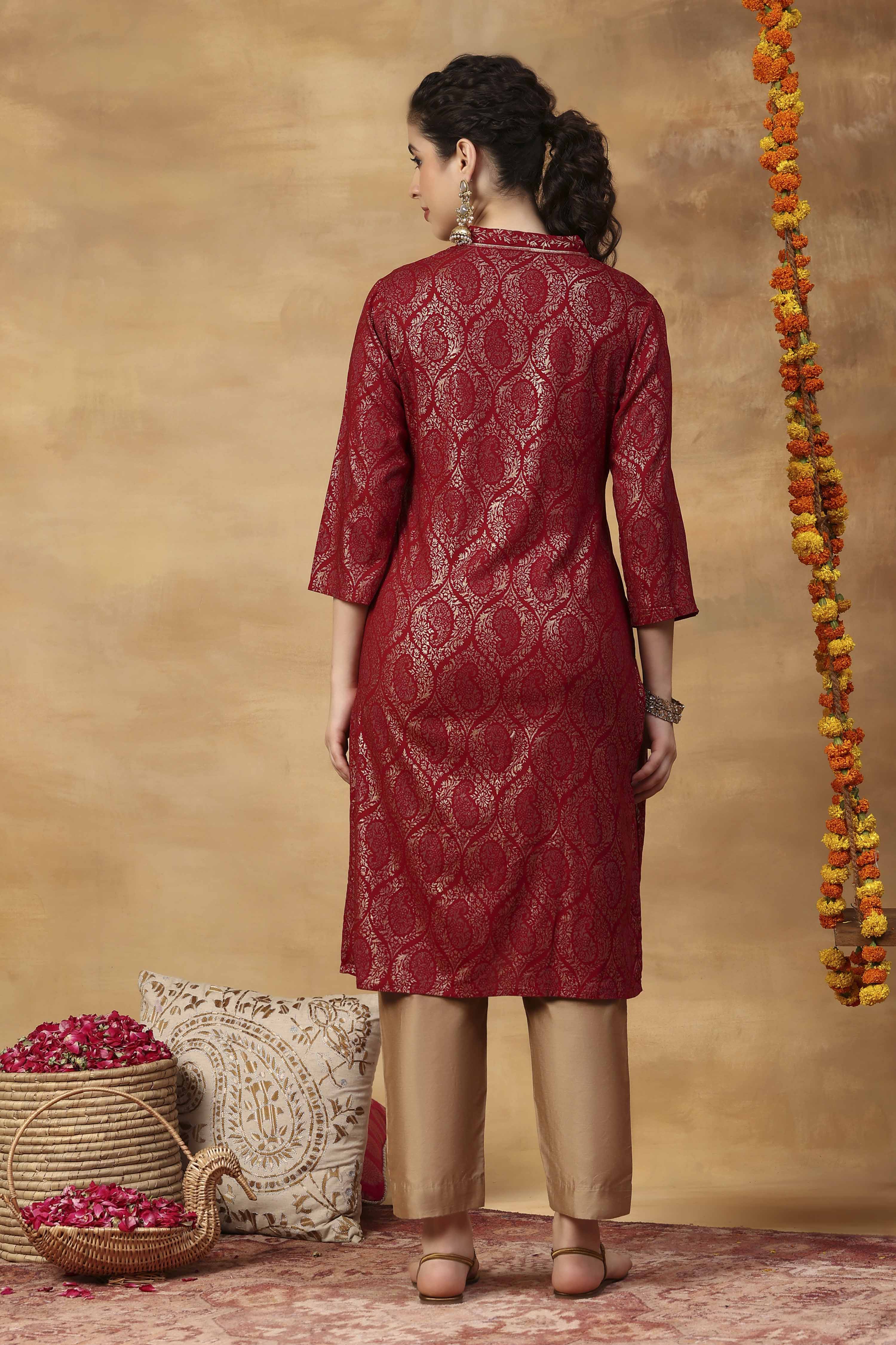 Red Printed Viscose Rayon Straight Kurta image number 4
