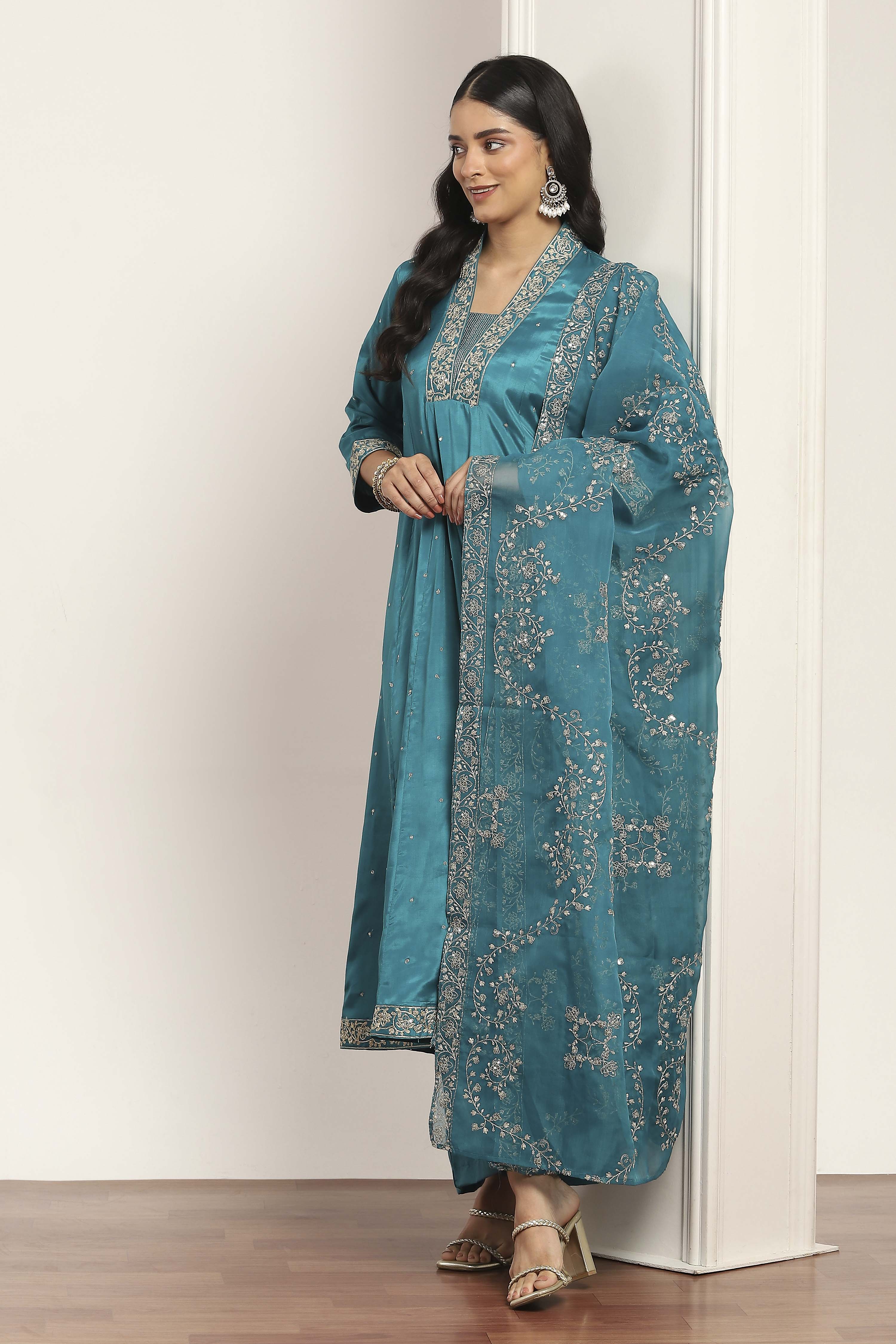 Teal Viscose Rayon Kalidar Suit Set image number 3