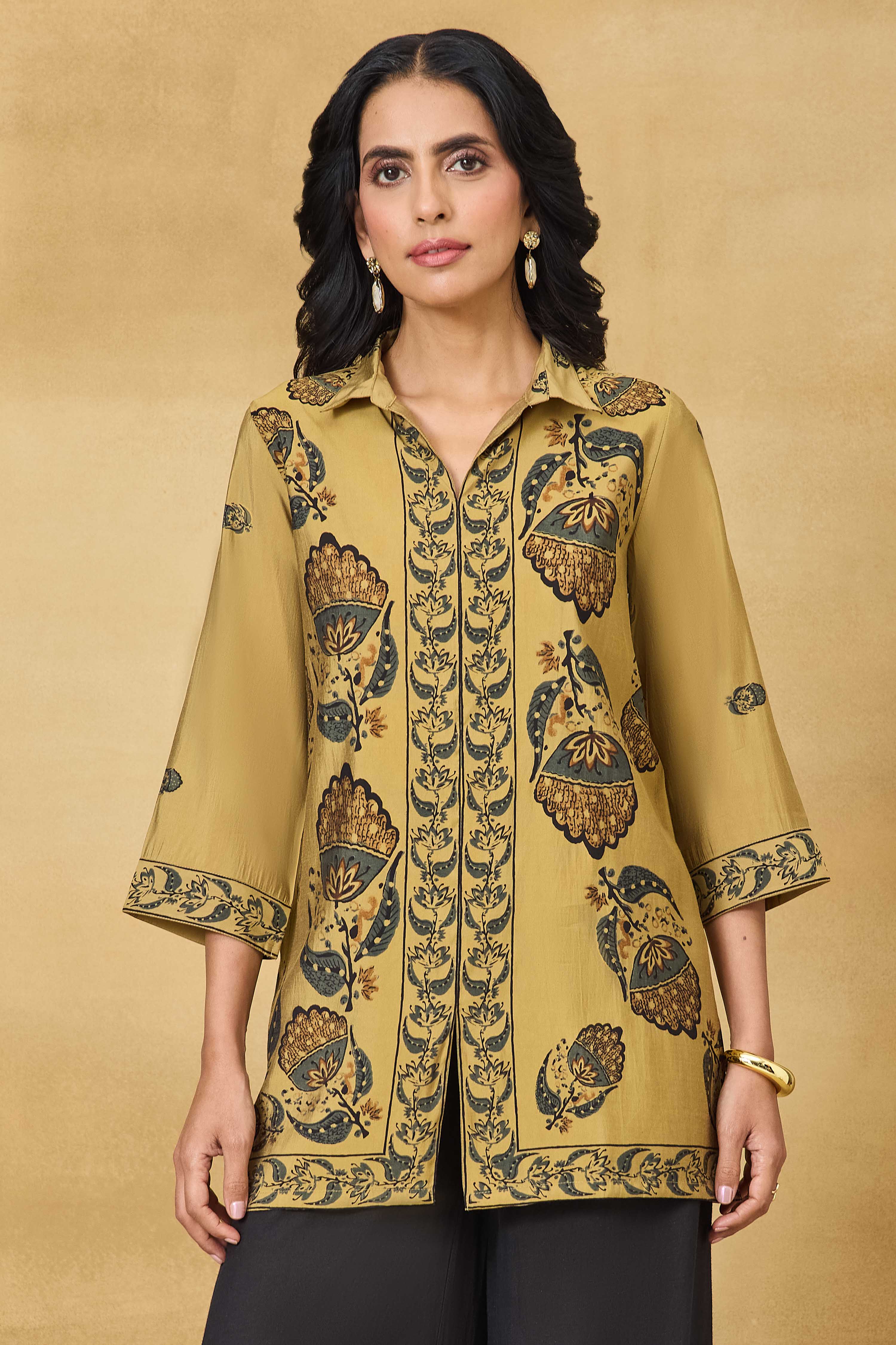Beige Viscose Blend Straight Printed Top image number 6