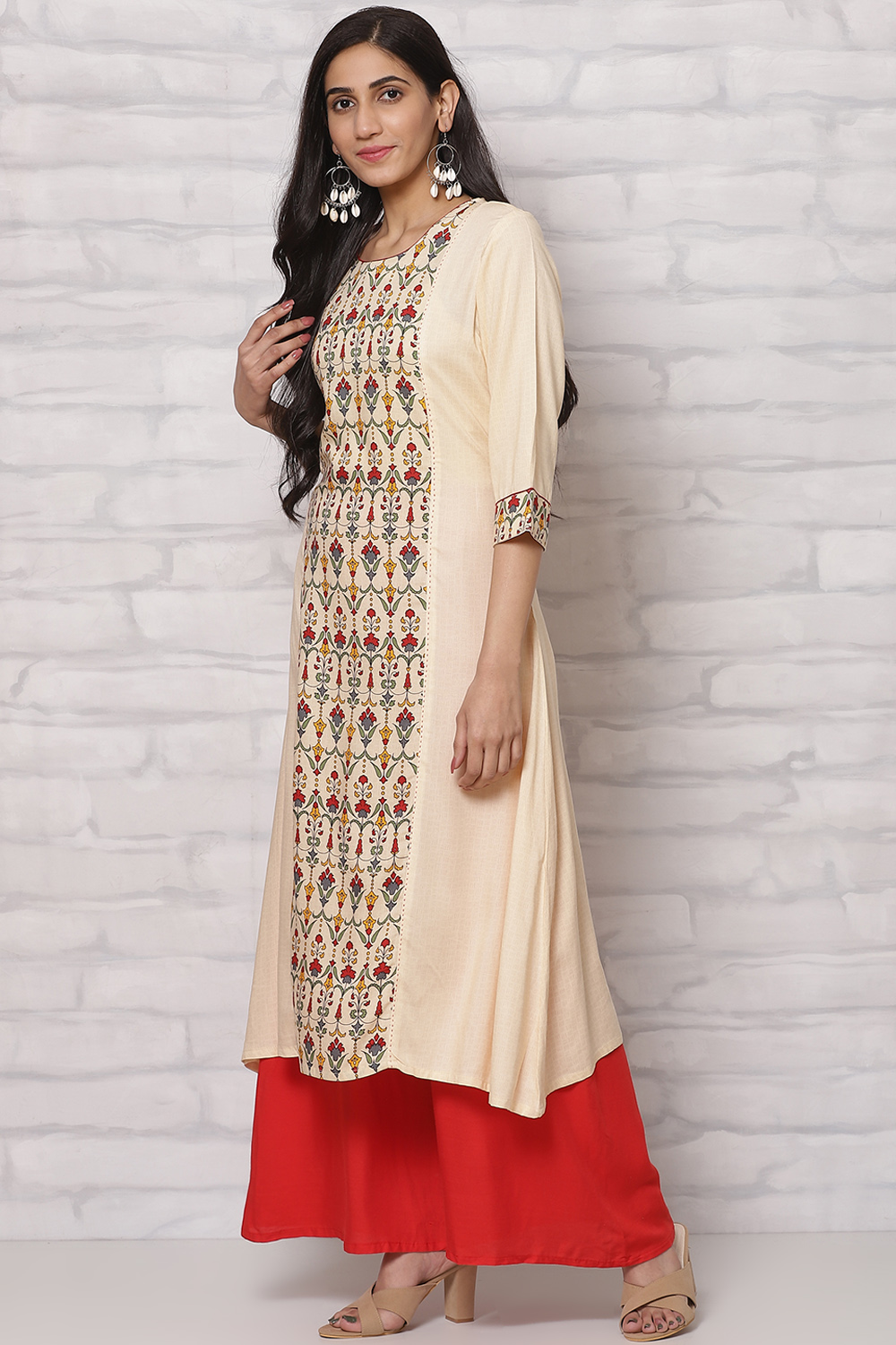 Cream LIVA A Line Kurta image number 2