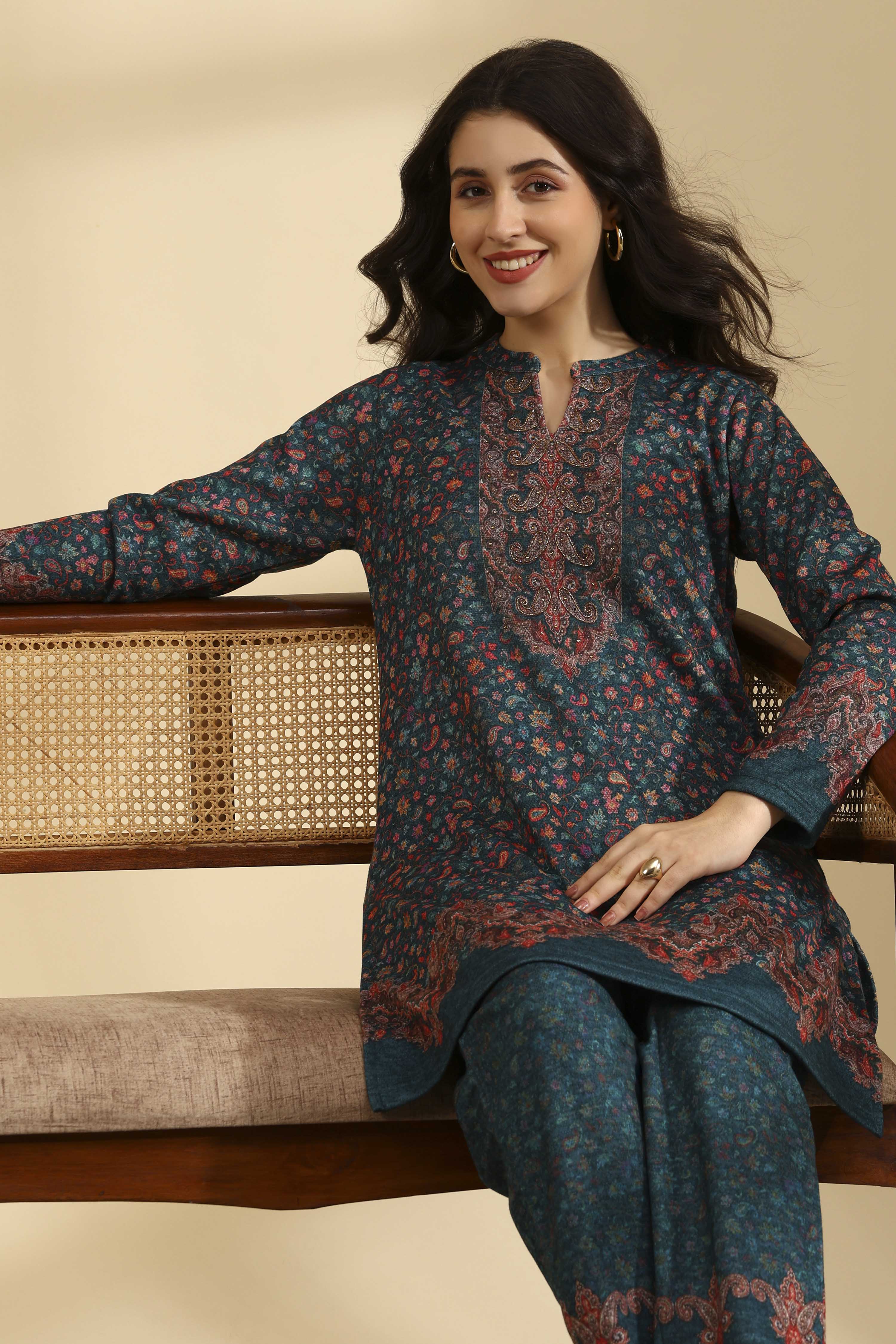 Teal Acrylic Straight Printed Kurta Pants Set image number 1