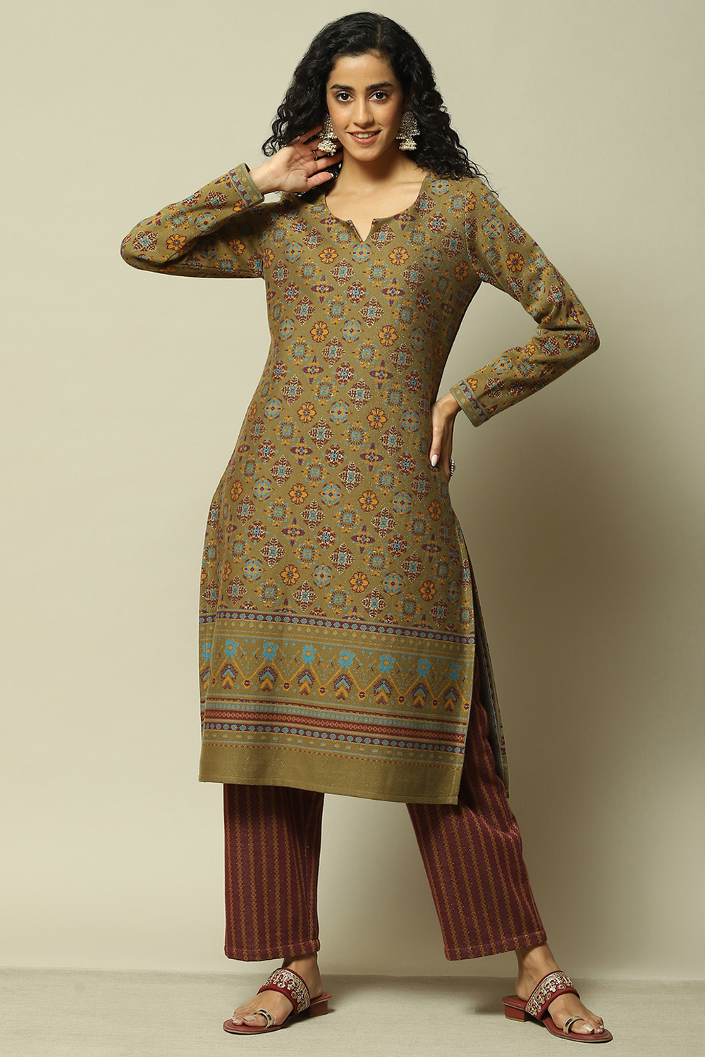 Olive Jacquard Straight Yarndyed Kurta Palazzo Suit Set image number 0