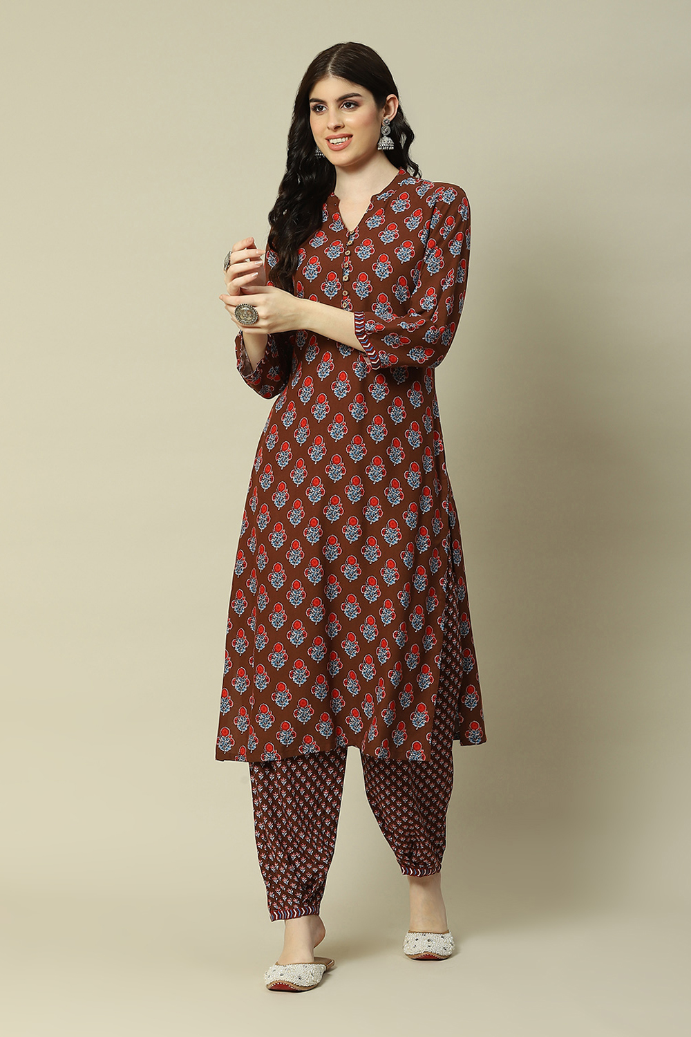 Brown LIVA Straight Printed Kurta Palazzo Suit Set image number 0