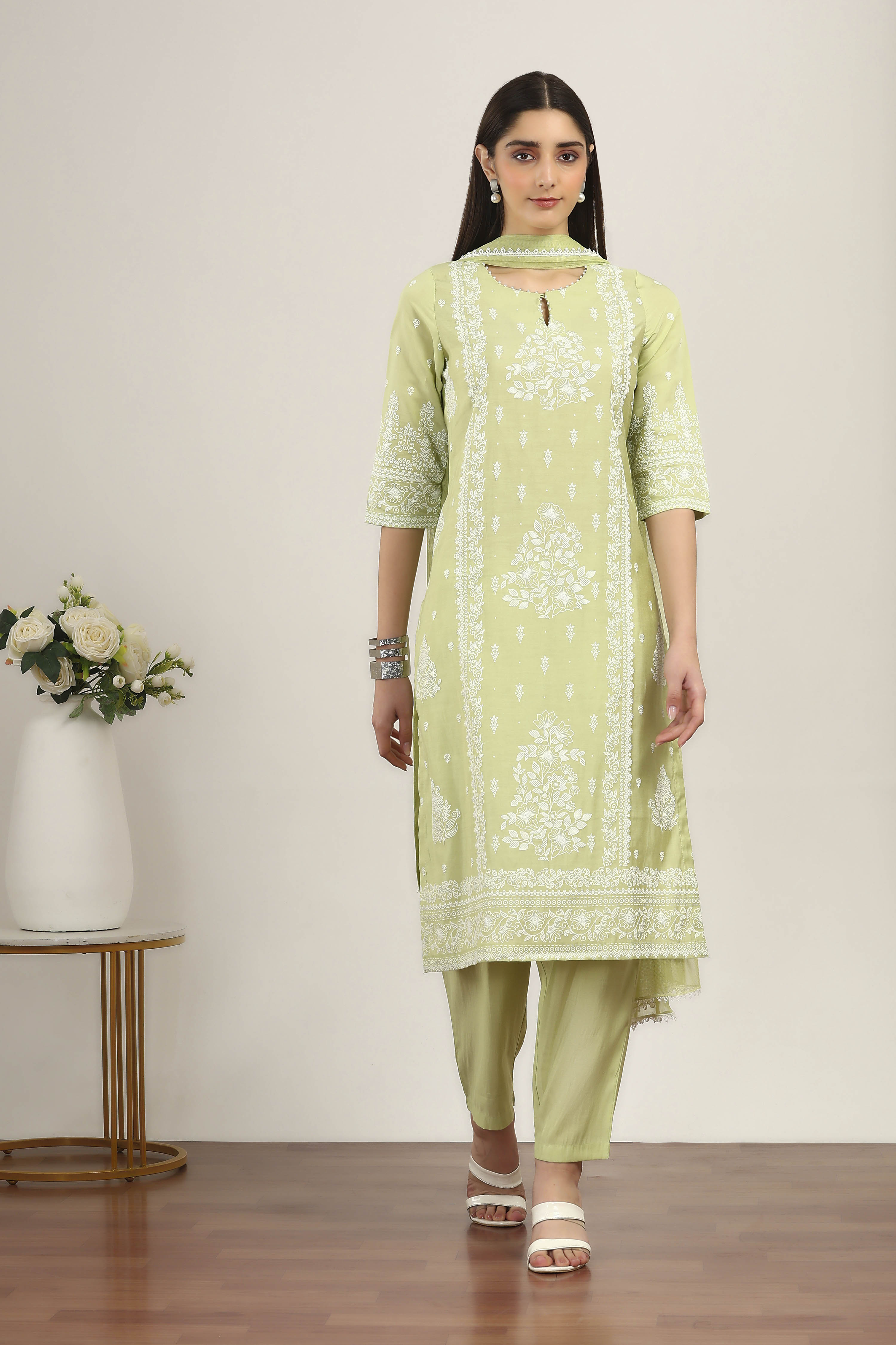 Yellow Viscose Polyester Straight Suit Sets image number 6