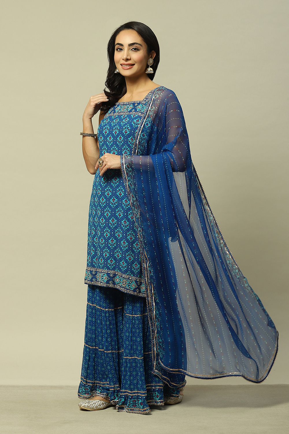 Blue Polyester Straight Printed Kurta Sharara Suit Set image number 0