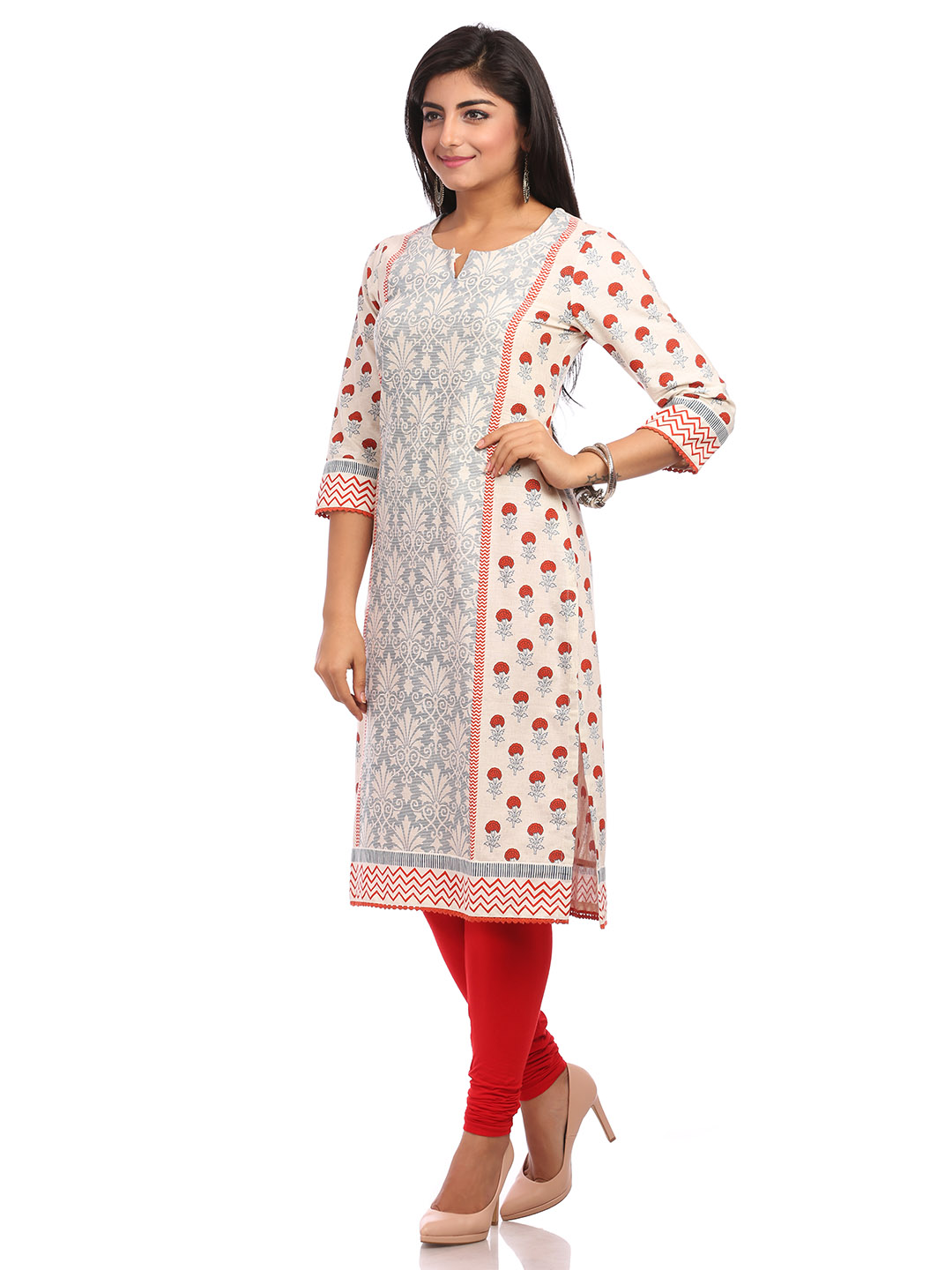 Beige Straight Cotton Kurta image number 3