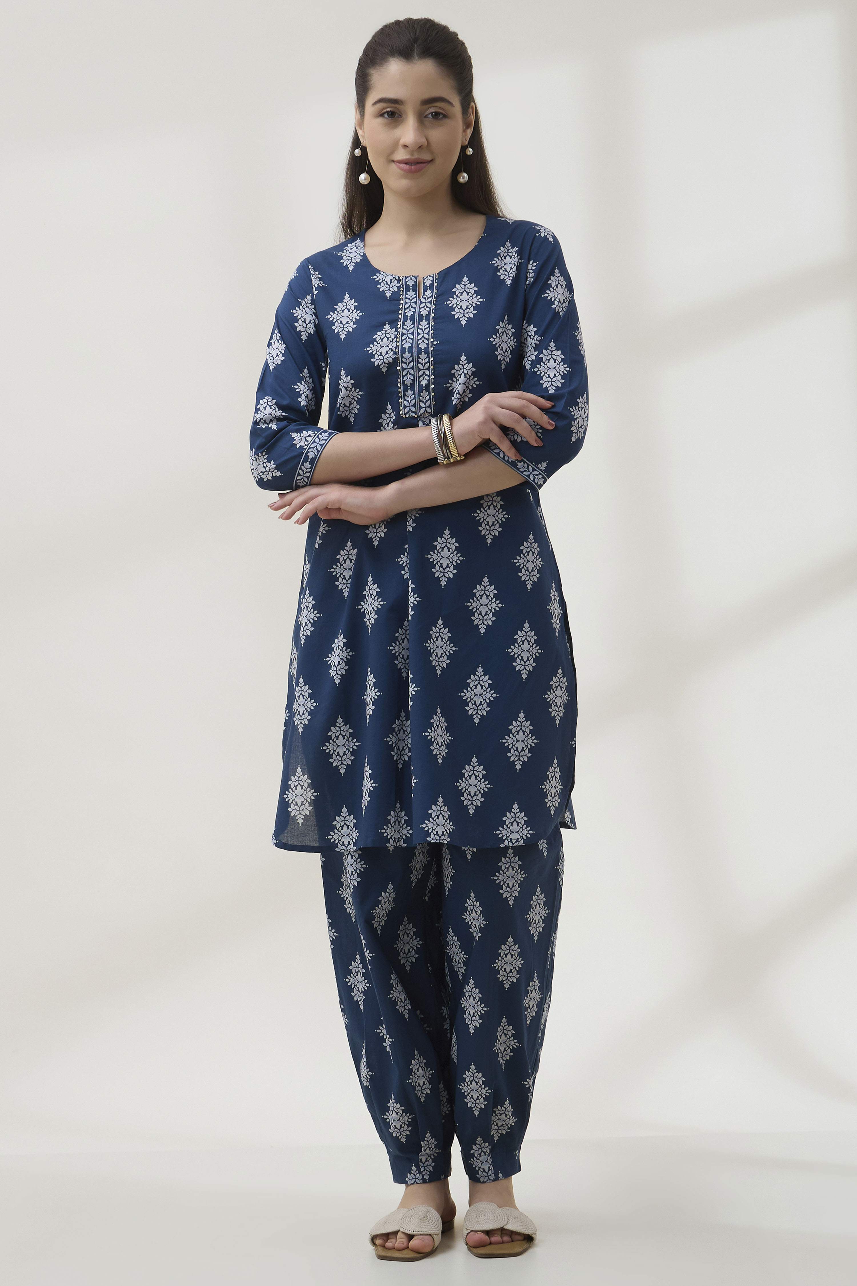 Navy Cotton Straight Printed  image number 6