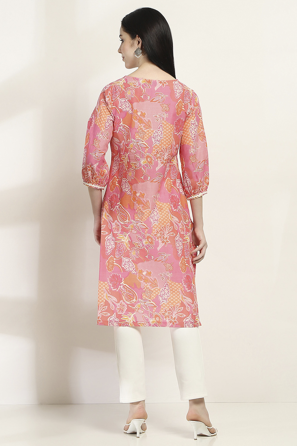 Pink Cotton Straight Kurta image number 3