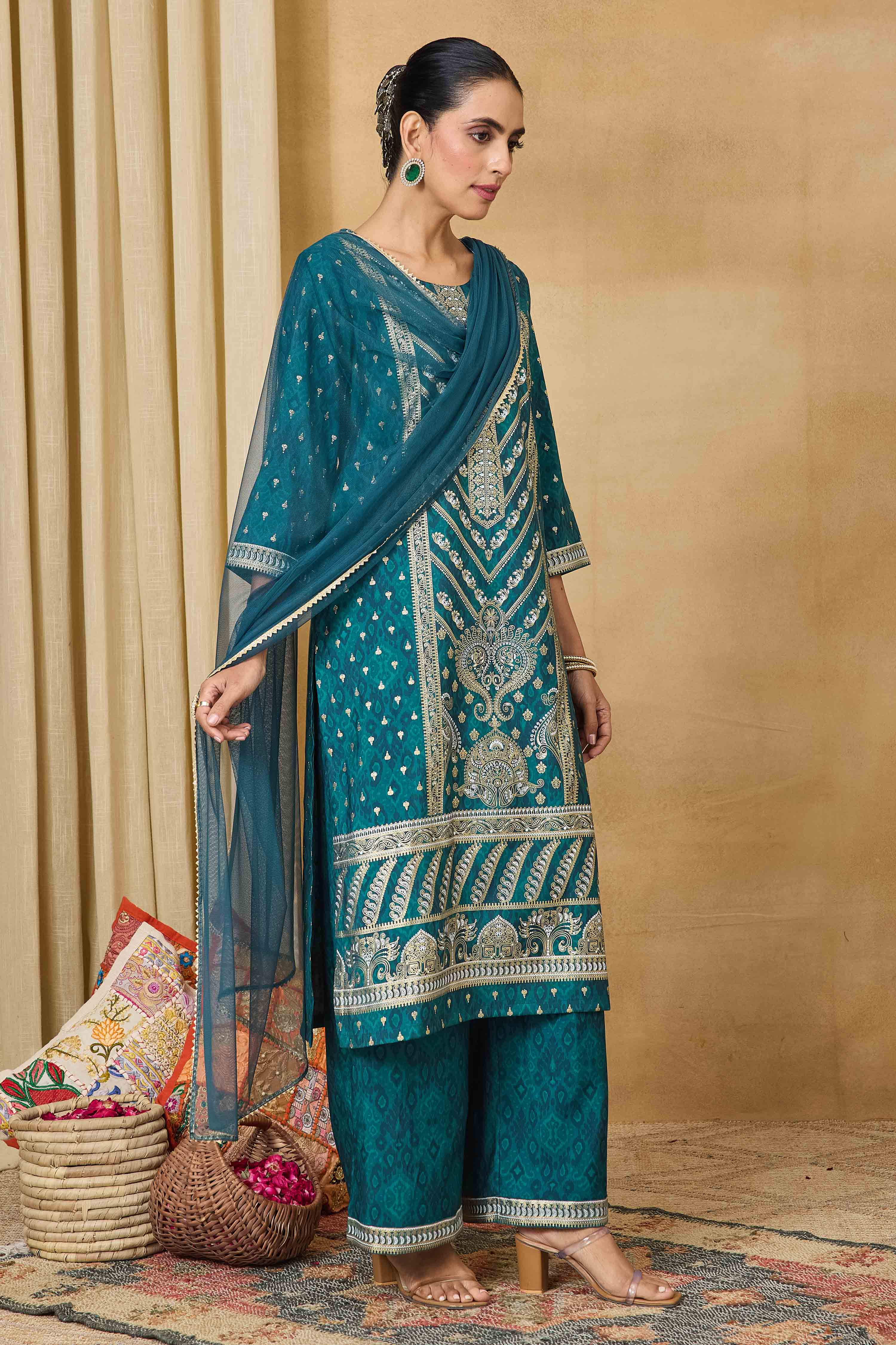 Teal Viscose Blend Straight Printed Suit Set image number 6