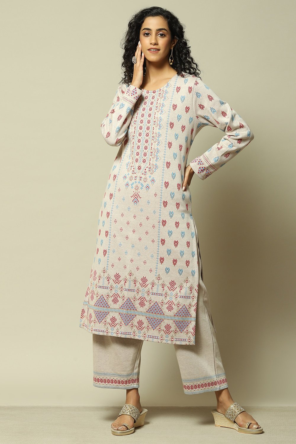 Ecru Jacquard Straight Printed Kurta Palazzo Suit Set image number 0