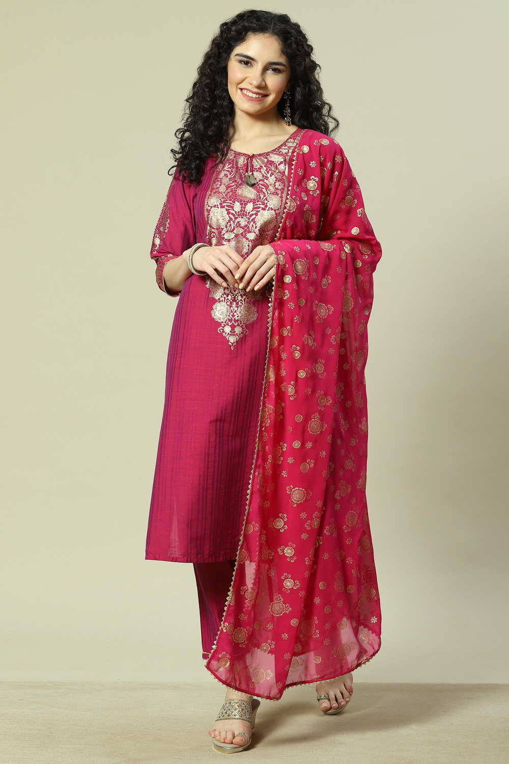 Magenta Cotton Blend Woven Straight Kurta Suit Set image number 7