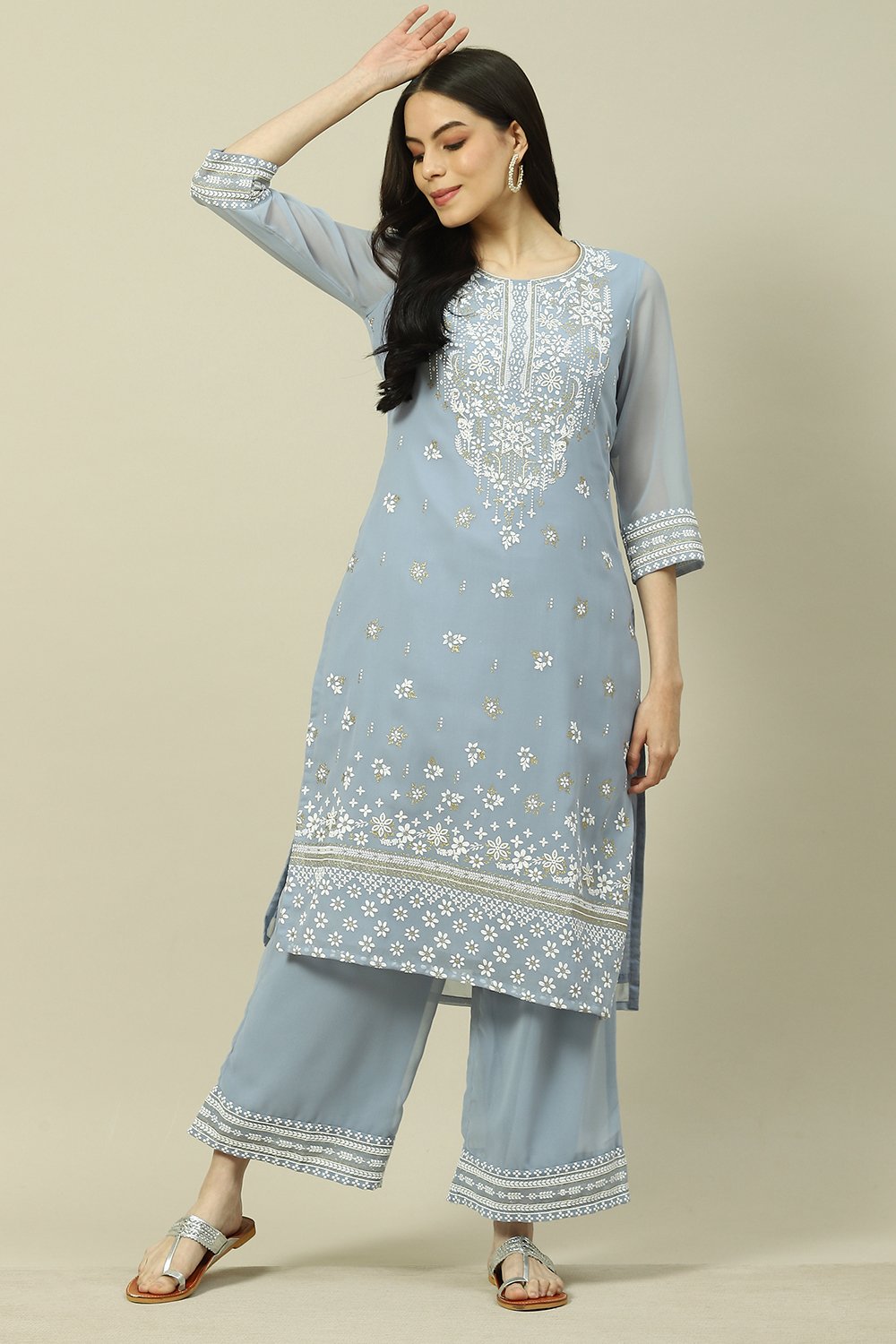 Blue Cotton Blend Straight Kurta image number 0