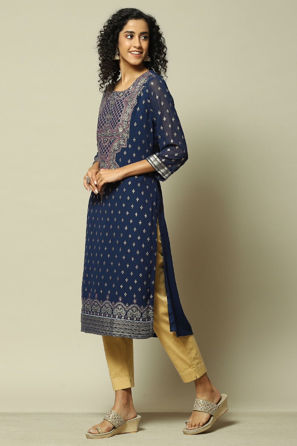 Navy Blue Polyester Straight Printed Kurta image number 2