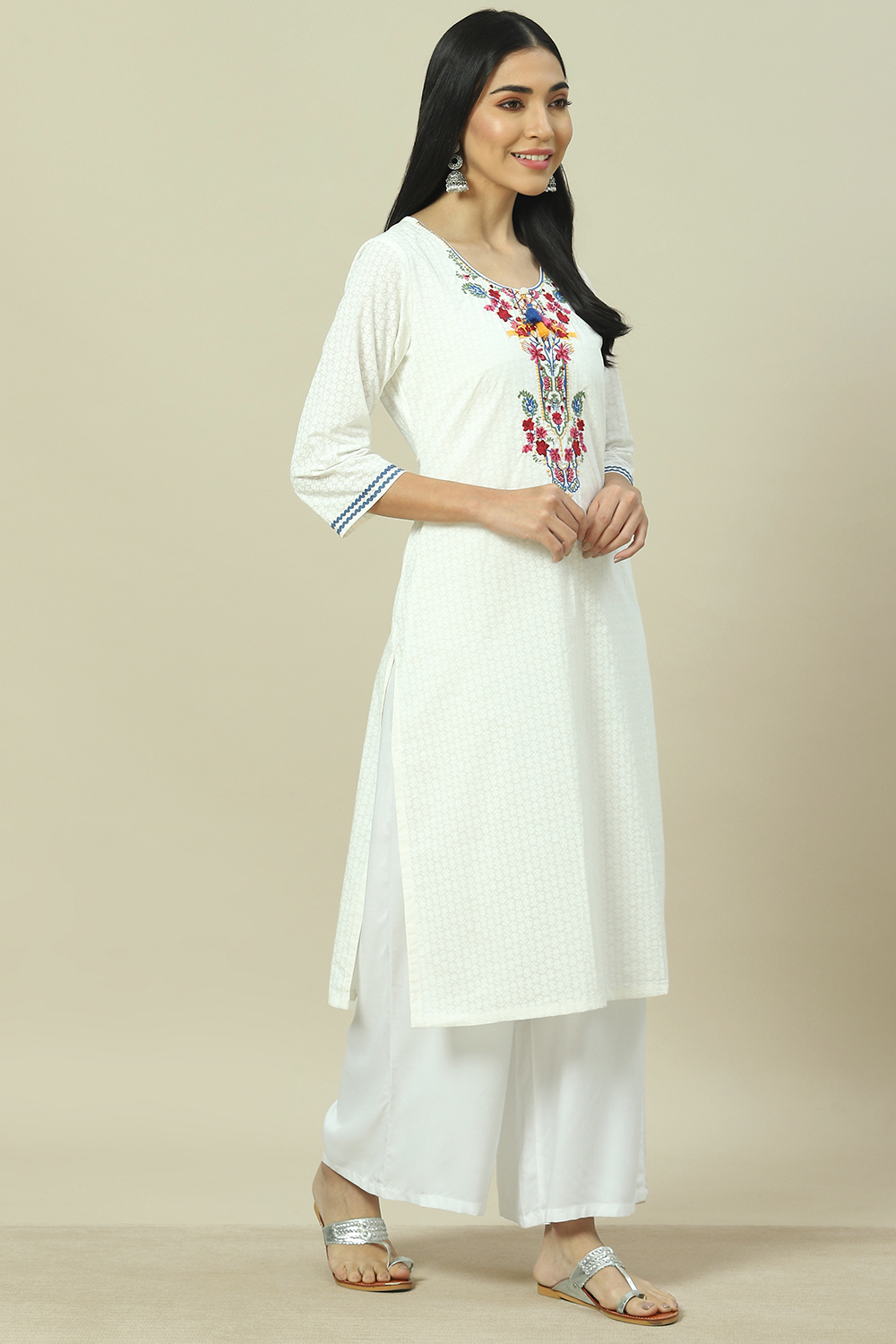 White Cotton Straight Kurta image number 3