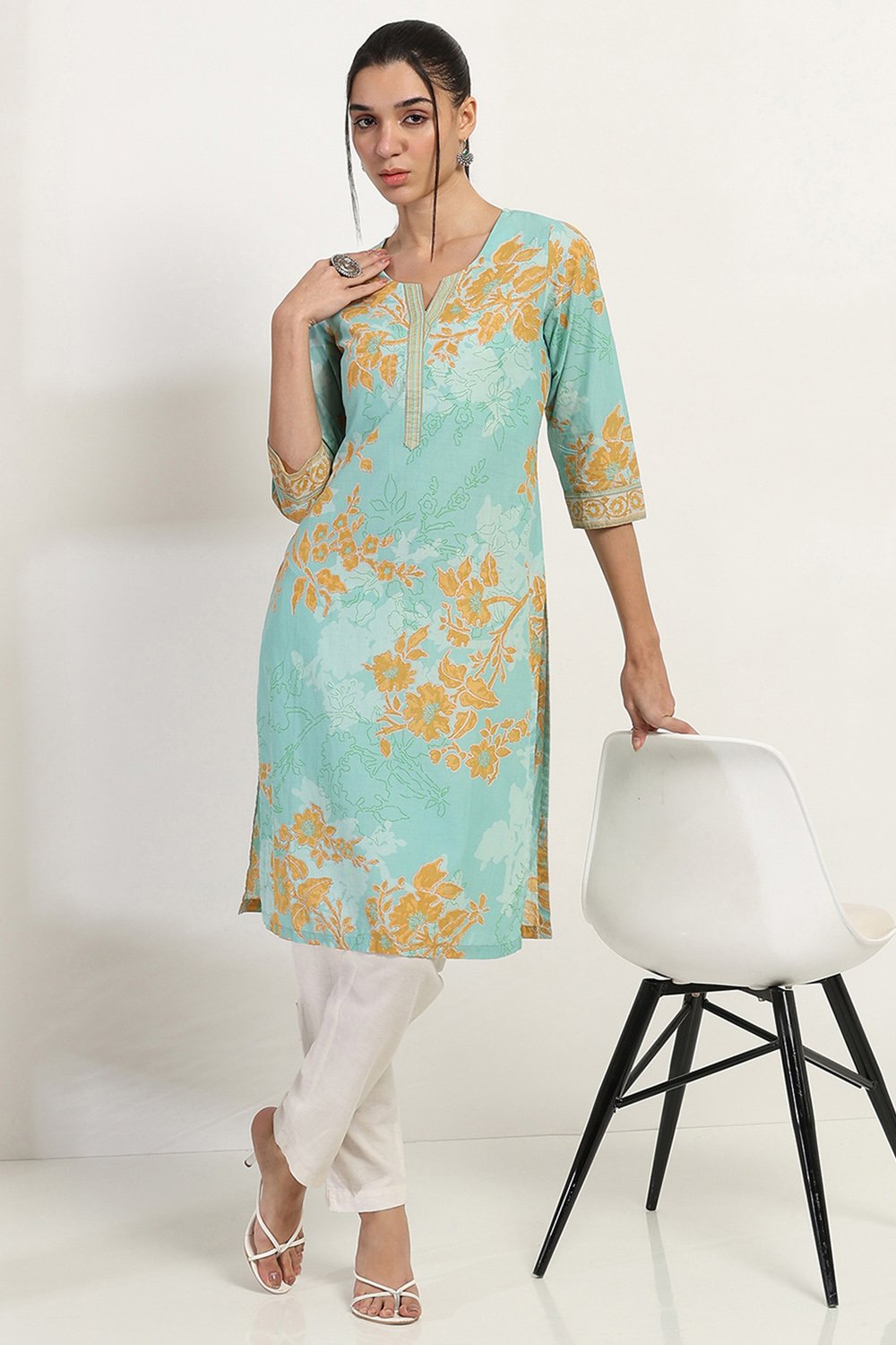 Aqua Cotton Straight Kurta image number 0