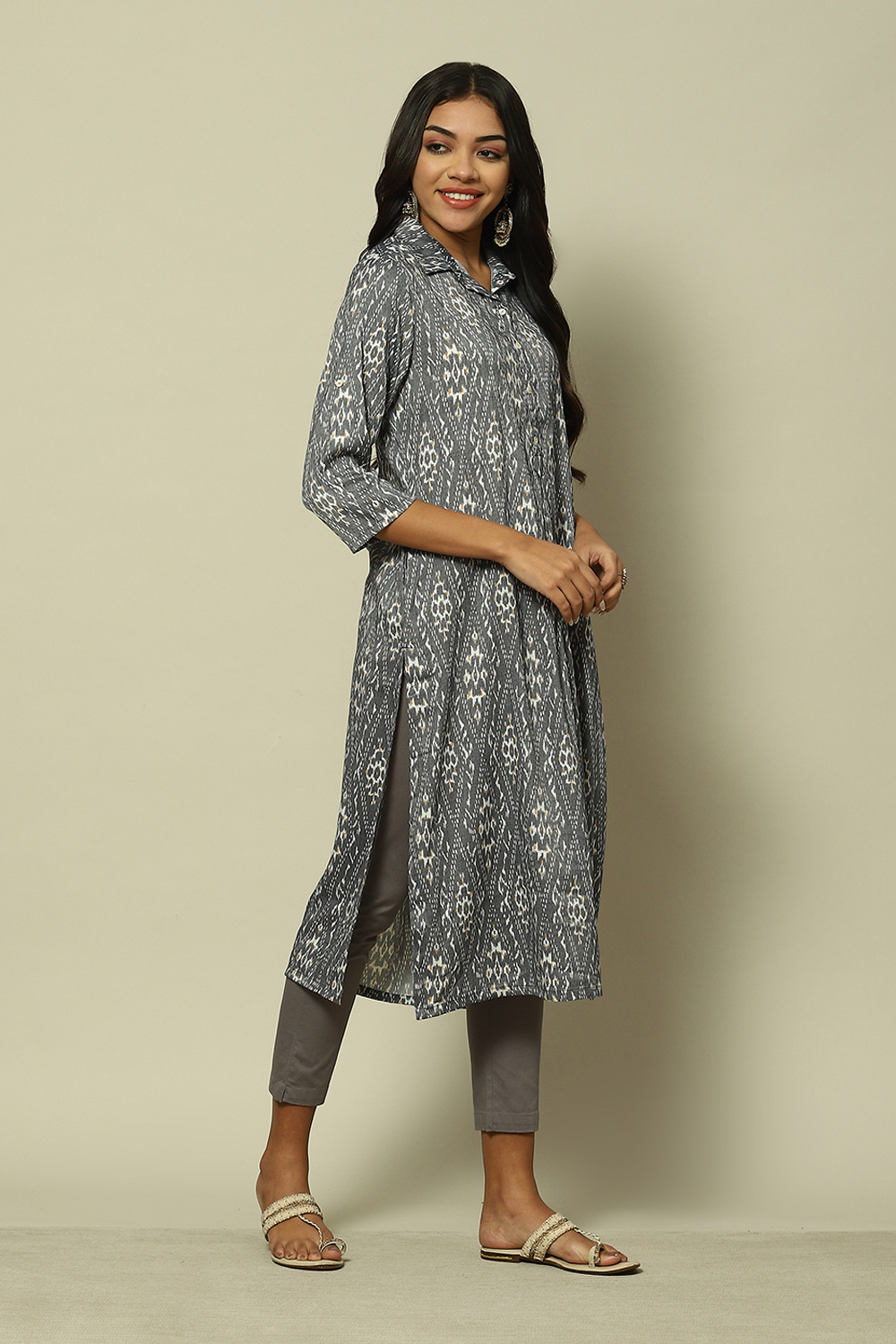 Grey Cotton Blend Straight Printed Kurta image number 3