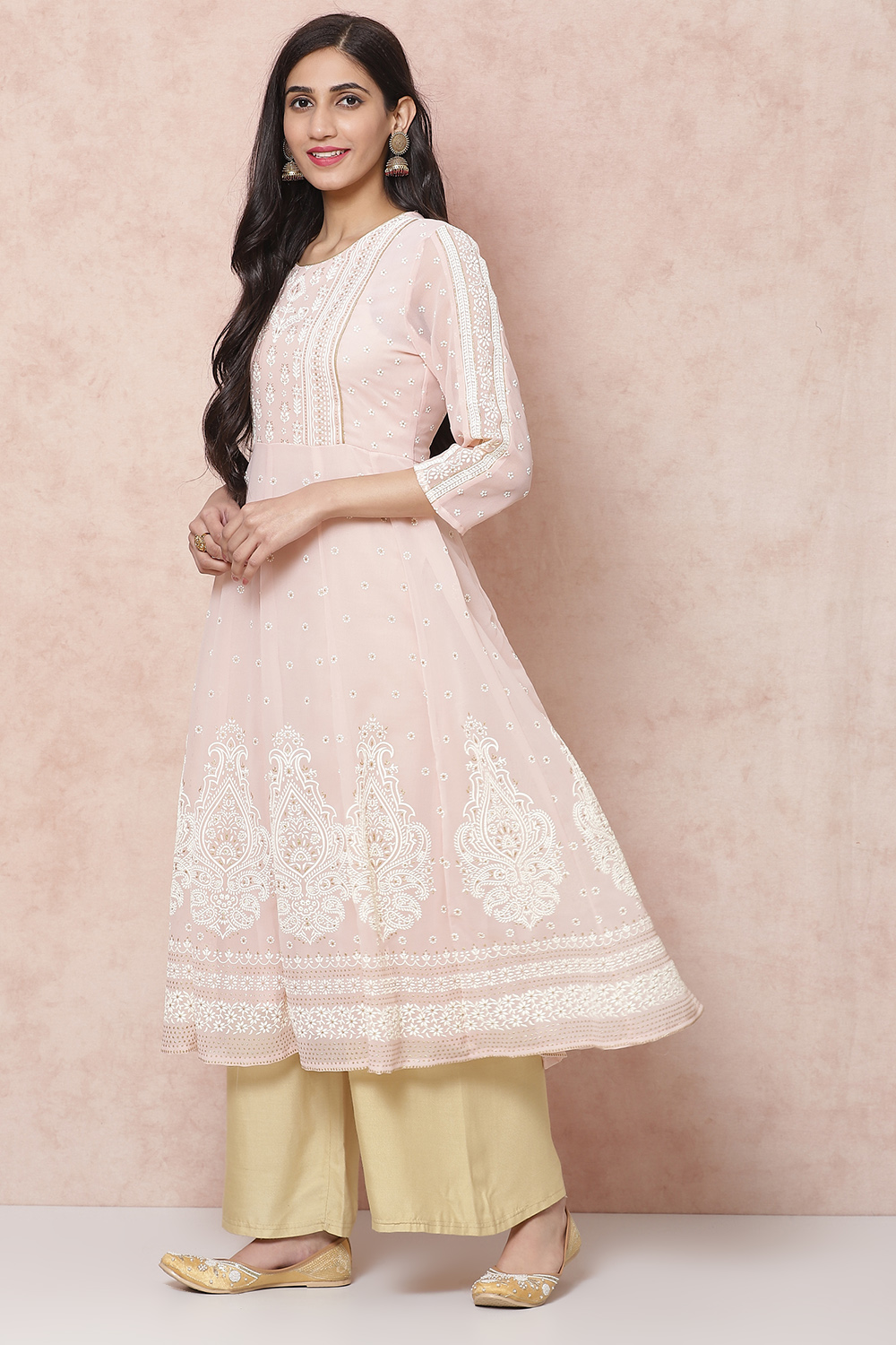 Pastel Pink Art Silk Kalidar Kurta image number 2