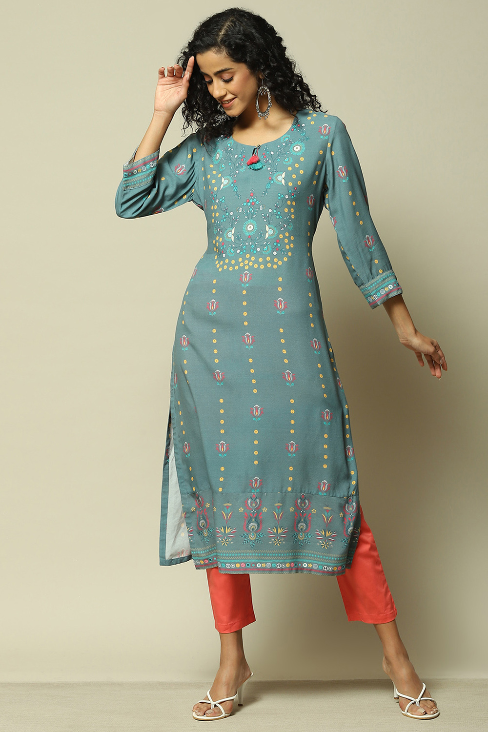 Teal Blue LIVA Straight Printed Kurta image number 0