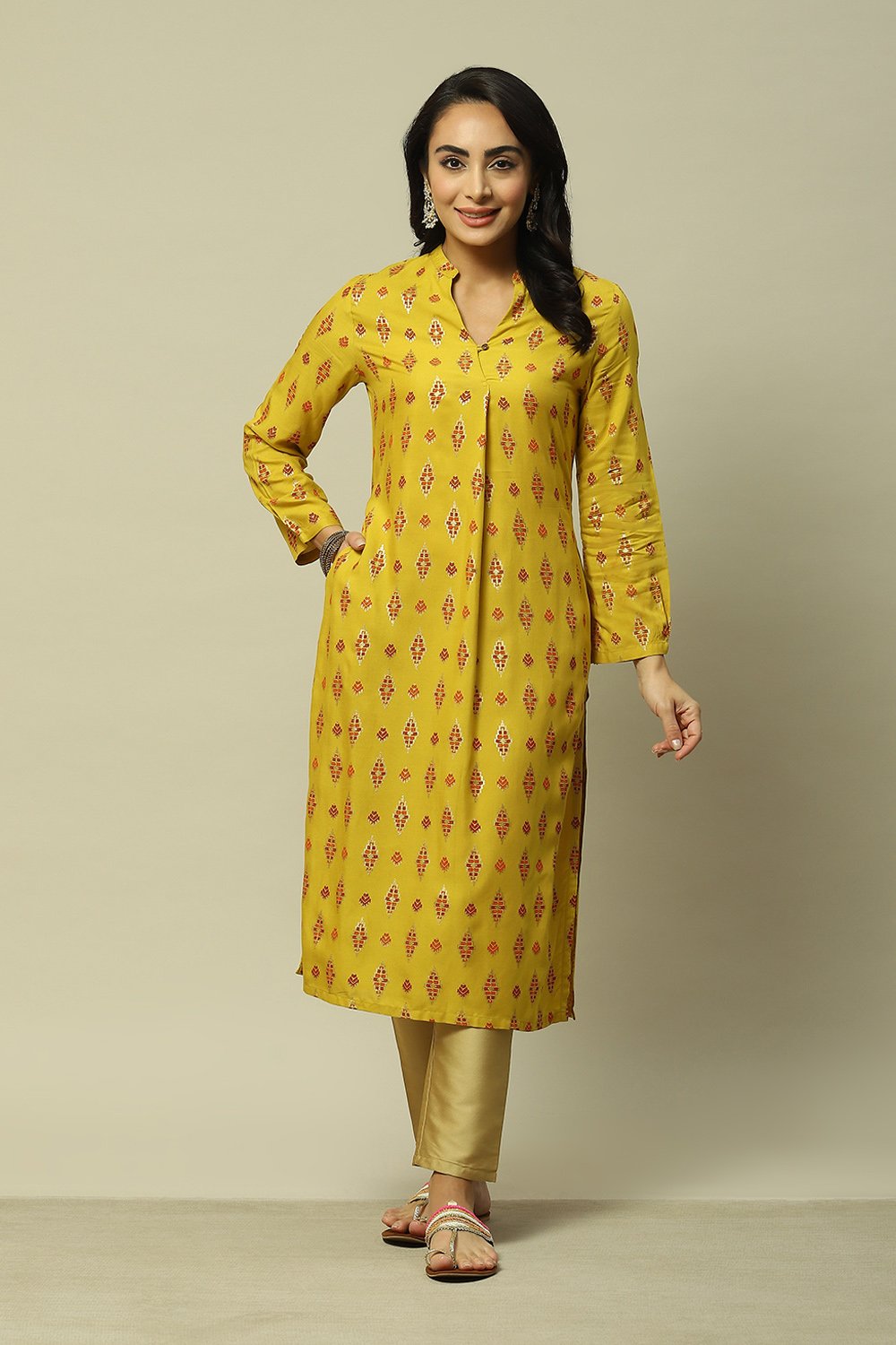 Lime Green LIVA Straight Printed Kurta image number 0