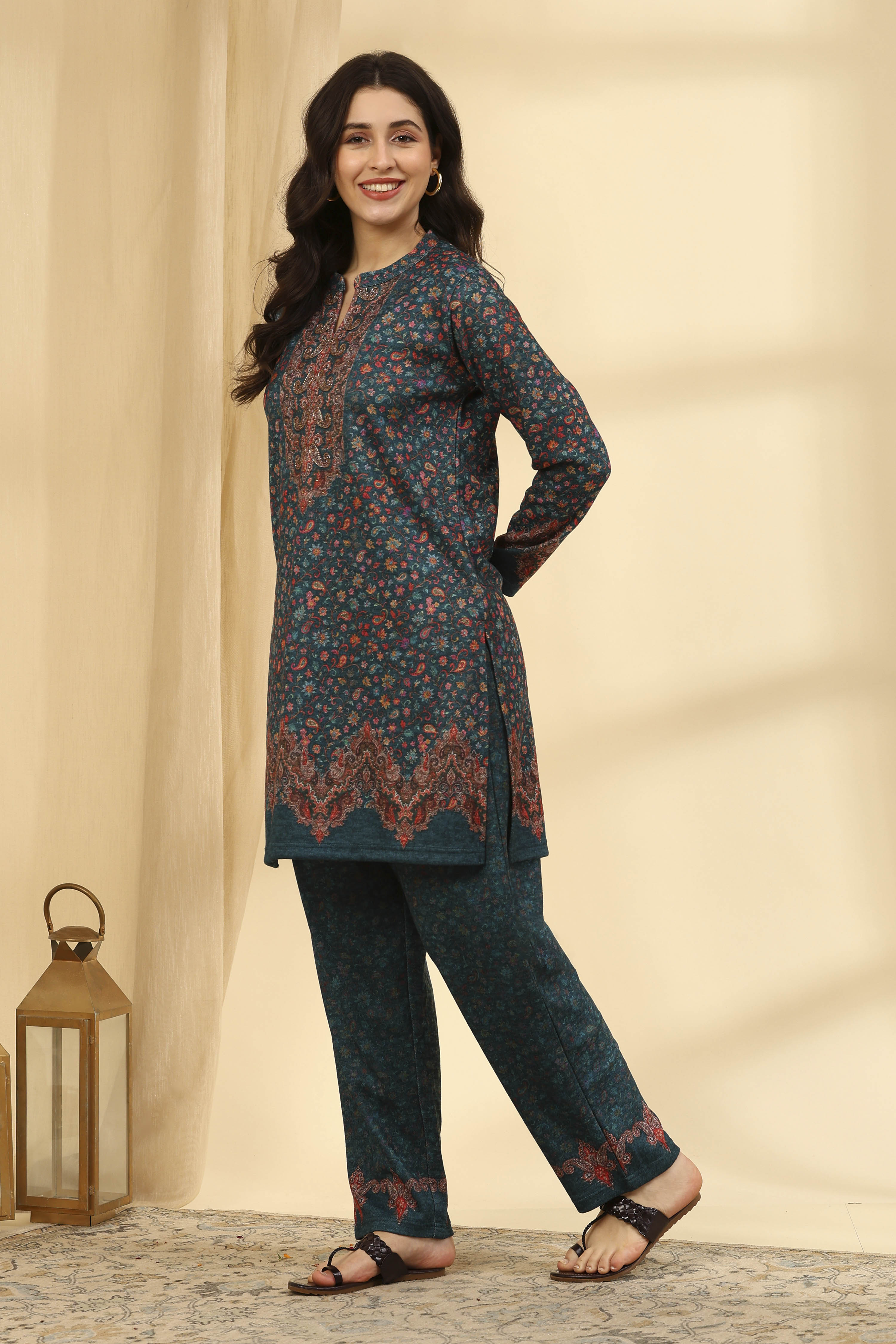 Teal Acrylic Straight Printed Kurta Pants Set image number 3