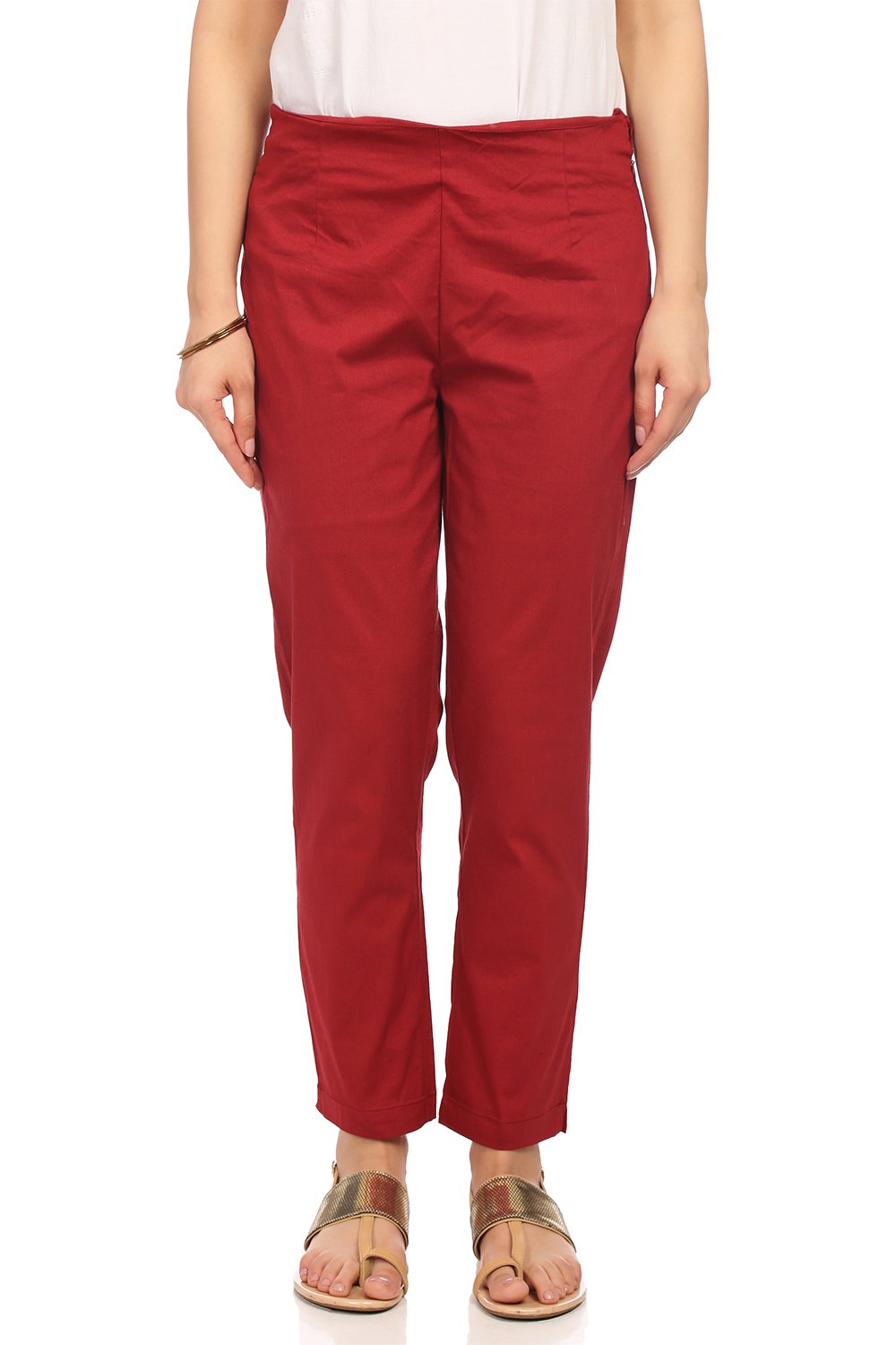 Maroon Cotton Slim Pants image number 0